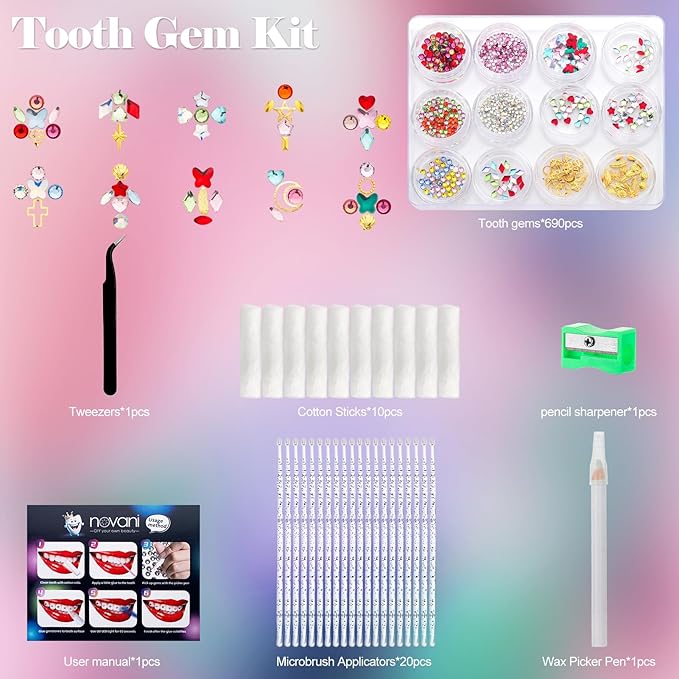 Novani 690 Pieces Tooth Gems Jewelry Kit for Teeth, Tooth Diamonds DIY Crystal Rhinestones Mixed Sizes Colors and Shapes Gemstones for Teeth (Without Glue)