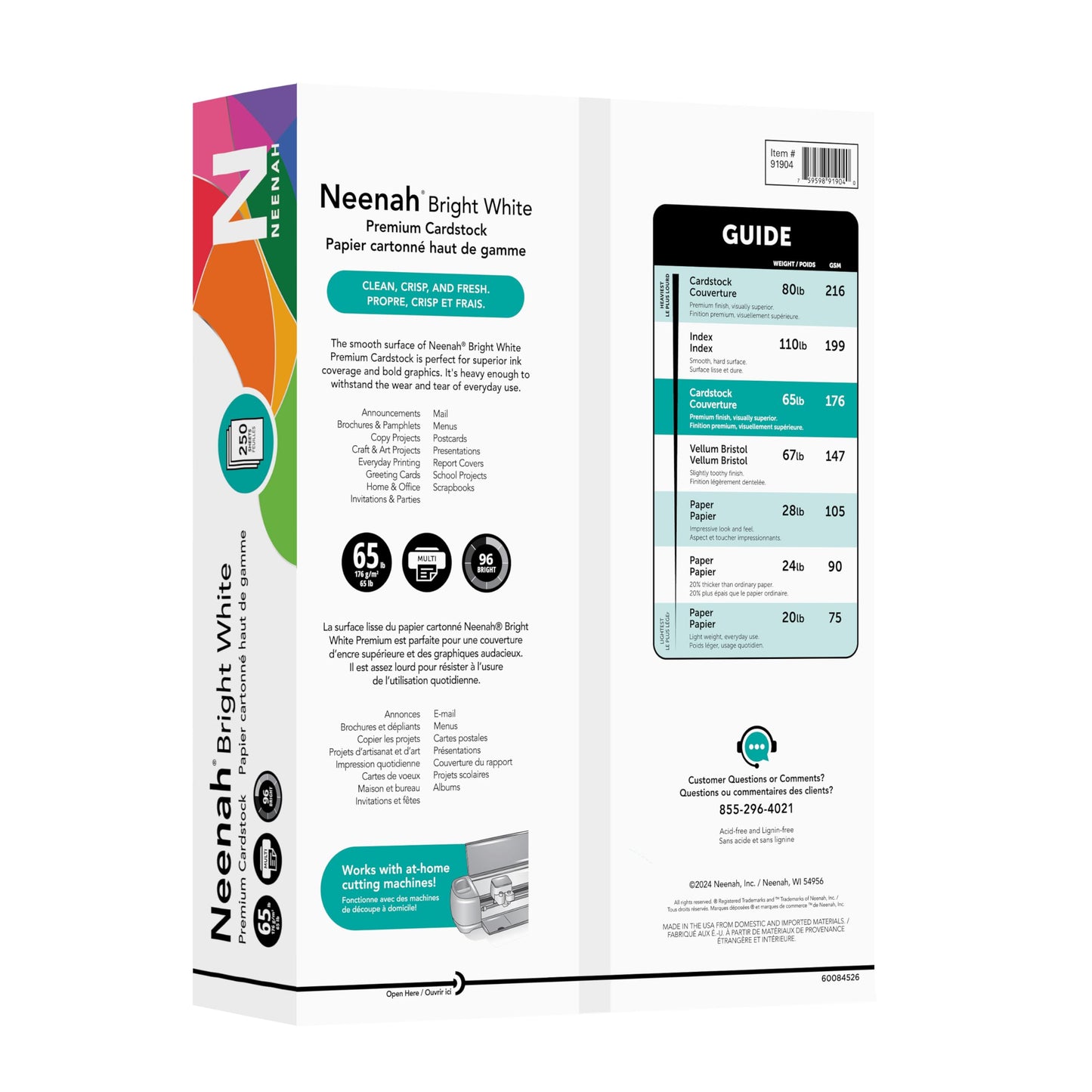 Neenah Bright White Bright White Card Stock, 96 Bright, 65 lb Cover Weight, 8.5 x 11, 250/Pack