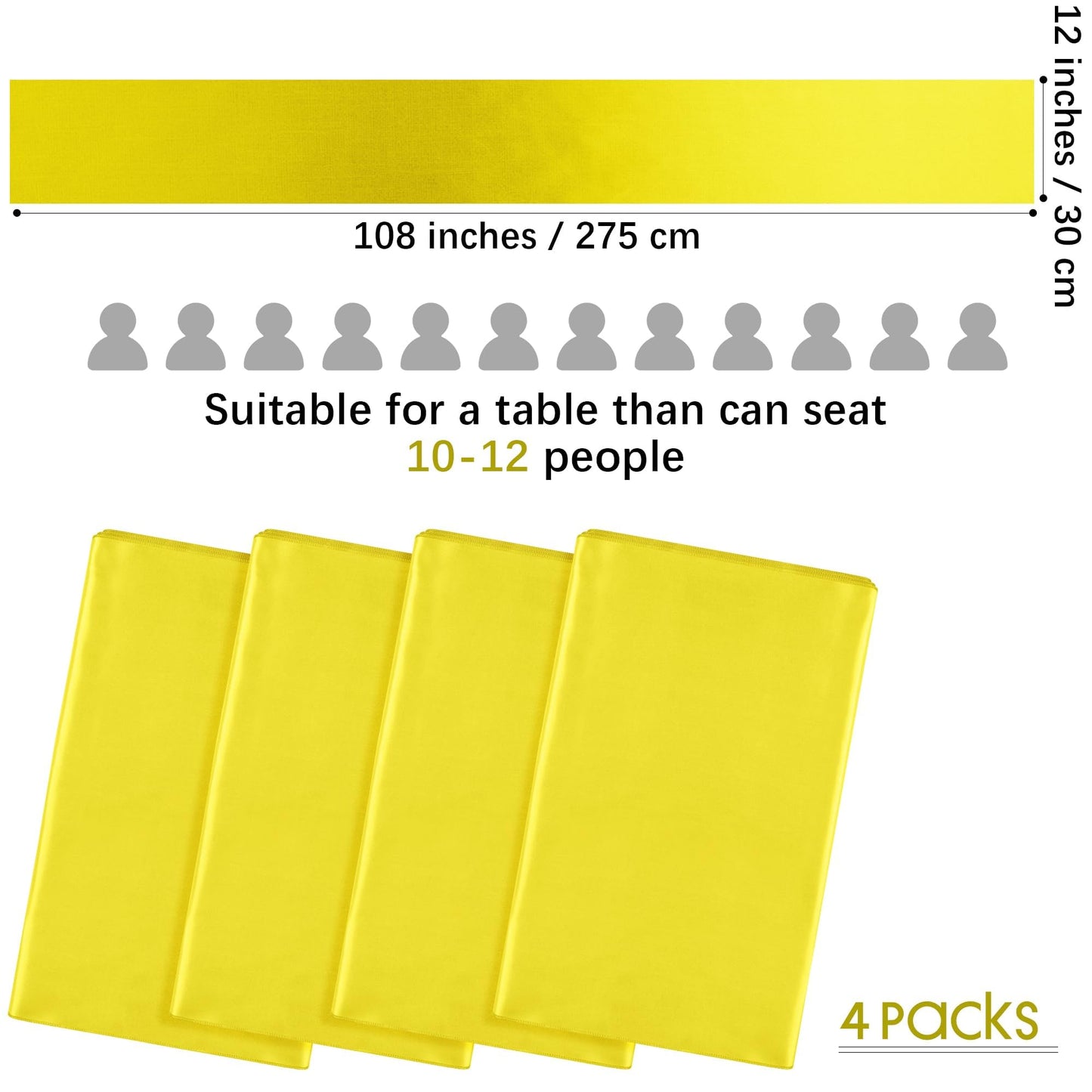 ANECO 4 Pack Satin Table Runner 12 x 108Inch Long Bright Silk and Smooth Fabric Party Table Runner for Wedding Banquet Party Decoration- Yellow