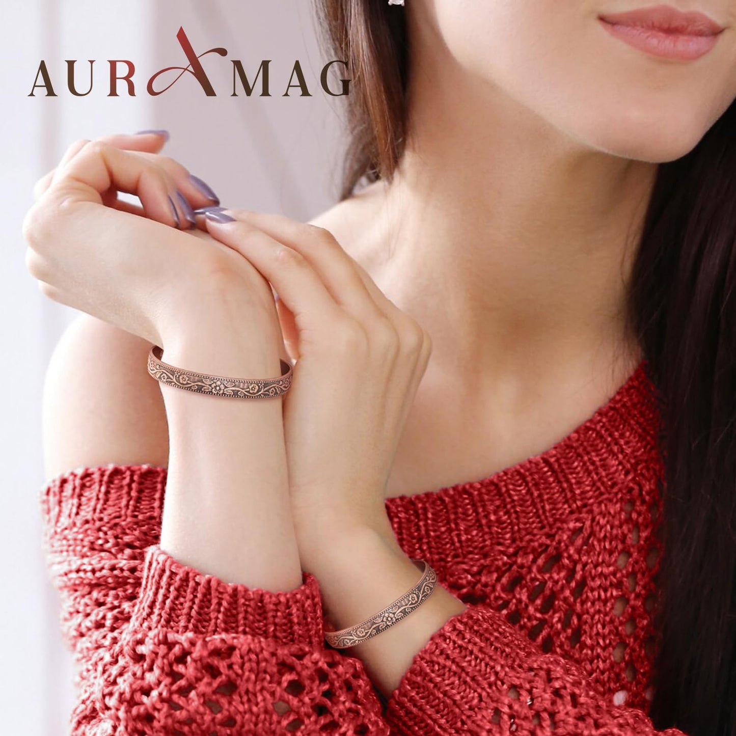 Auramag Copper Bracelets for Women, 99.99% Pure Copper Cuff Bangle with 3500 Gauss Magnets, Adjustable Jewelry with Gift Box(Set of 2)