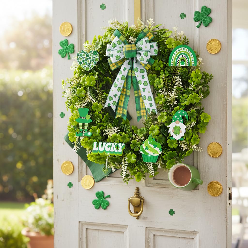 Erizhaltic 20" Artificial Green Leaf Wreath with 10 Detachable Seasonal Signs & Lights - Lush Boxwood Spring Wreath for Front Door, Includes Hanger & Bow - All-in-One DIY Floral Kit Home Decor