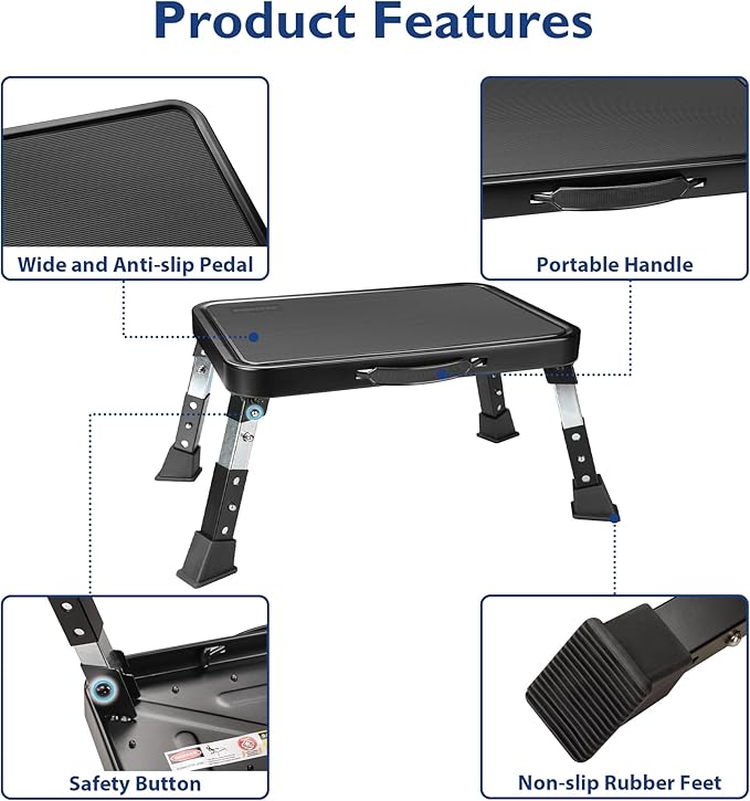 BONTEC Folding Step Stool, 3-Level Adjustable Metal Step Stool with Anti-Slip Pedal and Locking Legs, 330lbs Heavy Duty Folding Foot Stool, Portable Stepping Stool for Kids, Kitchen, Home, Office