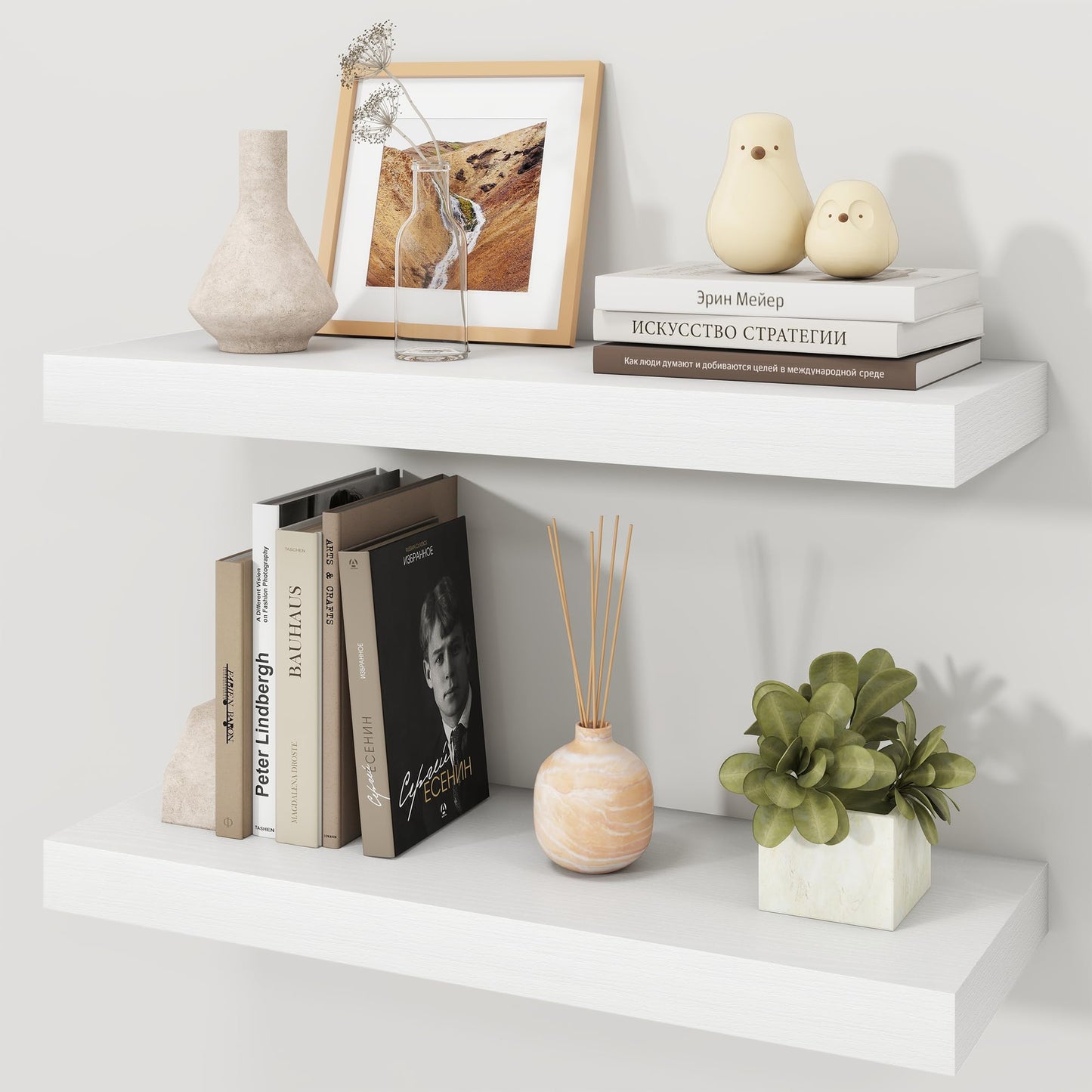 Ornawit White Floating Shelves for Wall, 9.3" Deep Wall Mounted Wood Shelves for Bathroom, Bedroom, Living Room, Kitchen, Hanging Shelf for Books/Storage/Room Decor (White, 24")