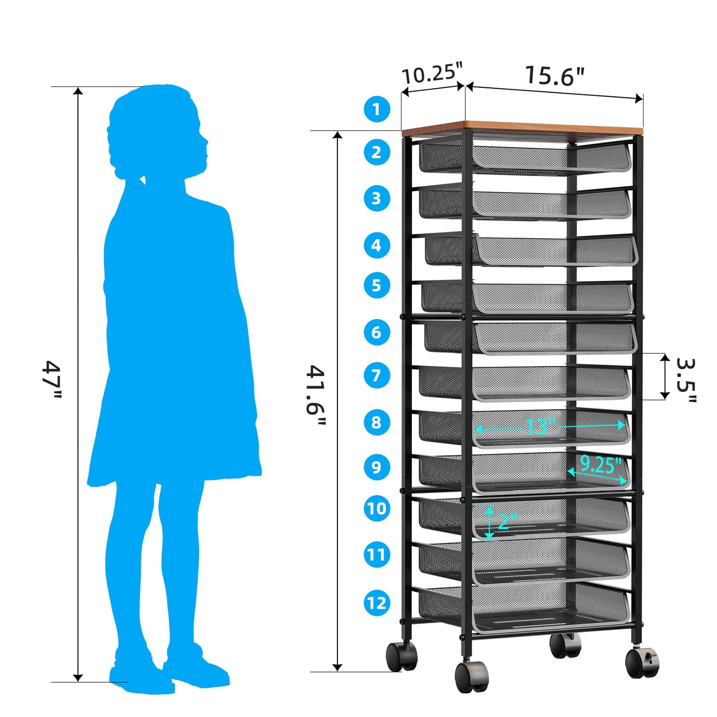 Simple Trending 12 Tier Rolling File Cart,Wood Desk File Organizer with Sliding Trays and Wetal Mesh Paper Letter Storage Multi-Functional Rolling Clutter Cart for Office, Home, School, Black