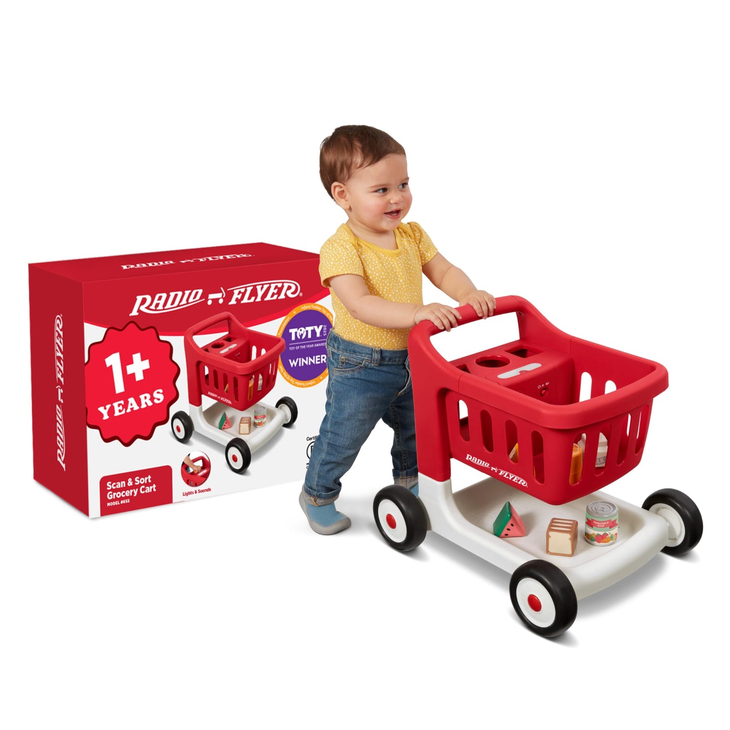 Radio Flyer Scan & Sort Shopping Cart, Red, for Kids 1+, Interactive Baby Walker with Lights & Adjustable Sound, Includes 6 Play Food Items, Adjustable Height Baby Push Walker, for Indoor Play