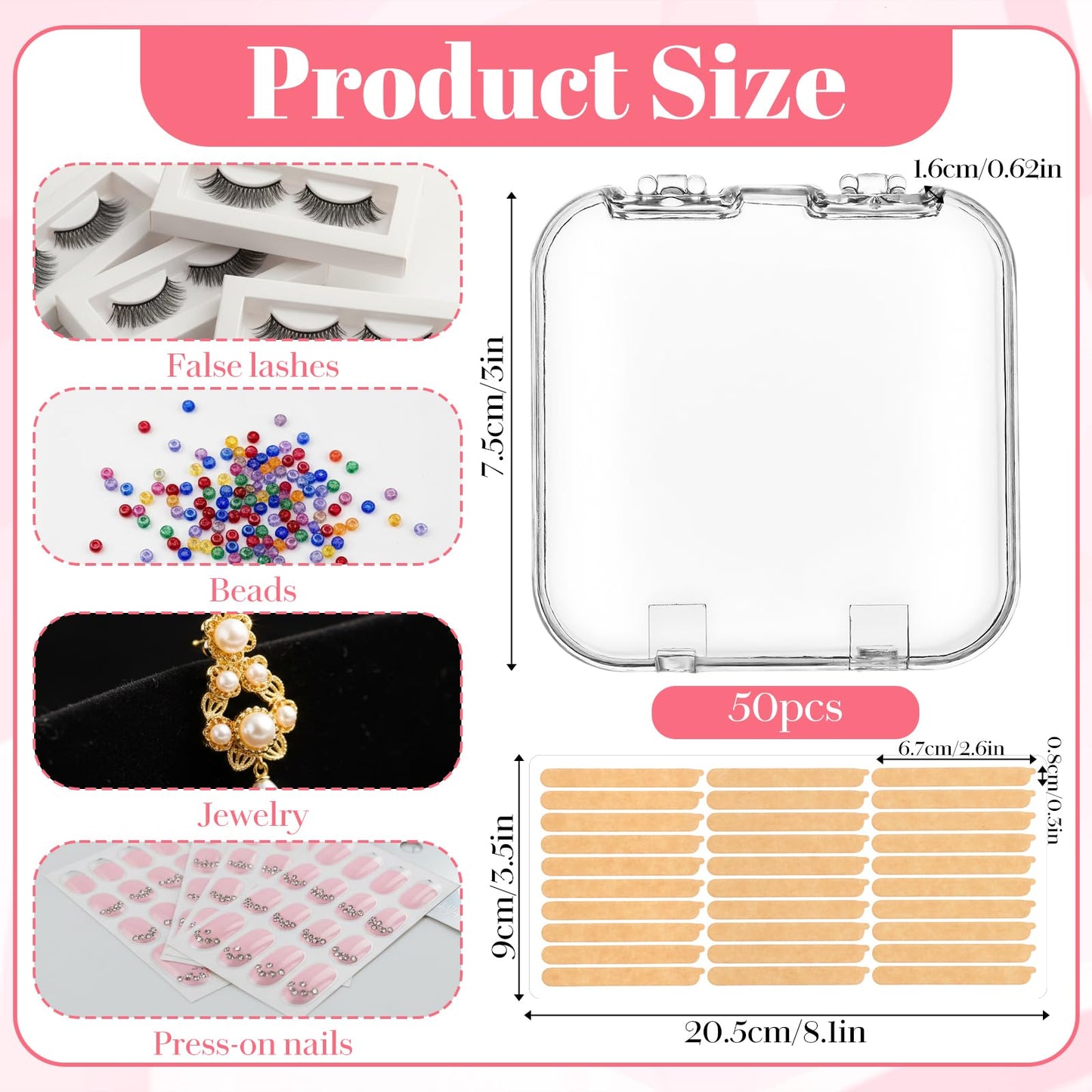 50pcs Press On Nail Storage Box with 180 Pcs Adhesive Double Sided Tape Clear Artificial Nail Display Case Acrylic Nails Boxes Press On Nails Packaging Box NailContainer for Salon Storage Display Art