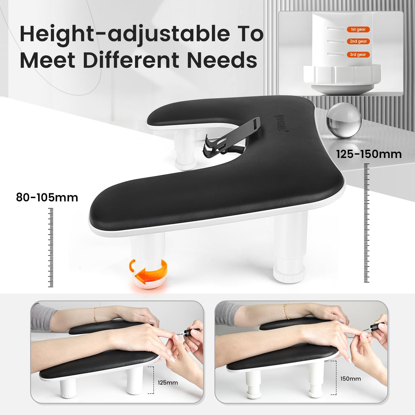 JODSONE U-Shaped Black Arm Rest for Nails Tech with Rotating 360°Built-In Phone Holder and Adjustable Nail Arm Rest Detachable Manicure Hand Rest for Salon Design