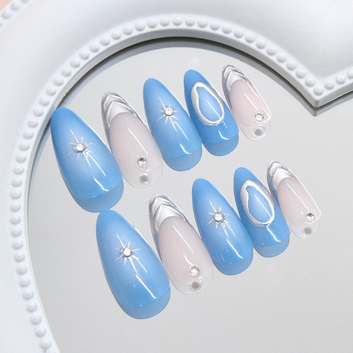 24Pcs Handmade Blue Press on Nails Medium Almond with 3D Crystal Rhinestones Design, Sparkling Star Fake Nail Tips Y2k Gradient Blue French Style Silver Star Sweet Almond Shape False Nails for Women