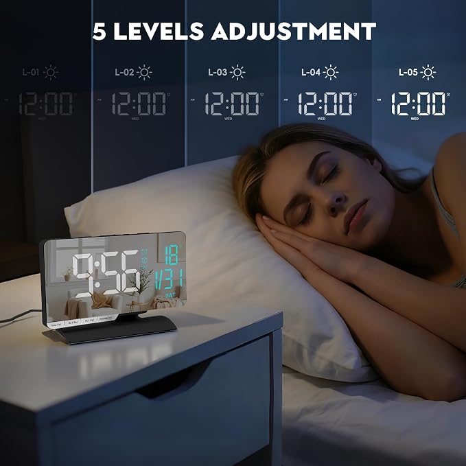 SZELAM Digital Clock,Alarm Clock Bedside,7.3'' Large LED Mirror with Date
