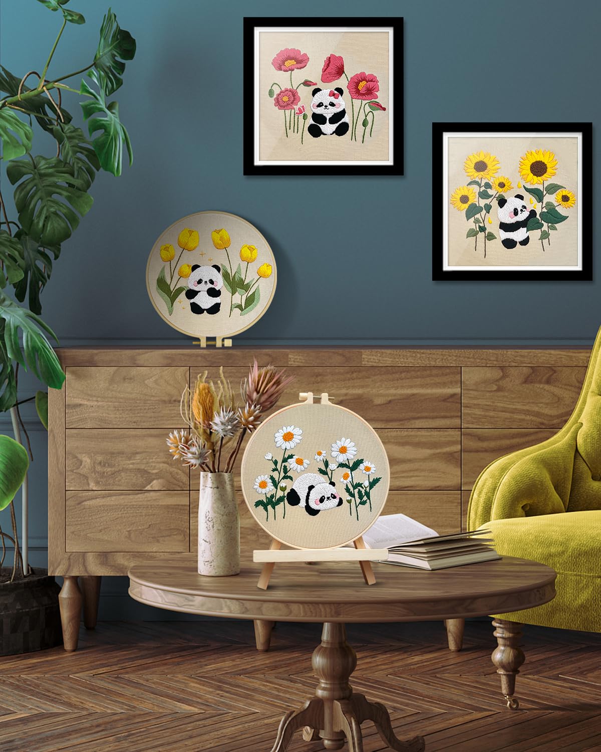 TINDTOP 4 Sets Embroidery Kit for Adult, Panda Embroidery Practice Kits for Beginners Include Embroidery Cloth Hoops Threads for Craft Lover Hand Stitch with Embroidery Skill Techniques