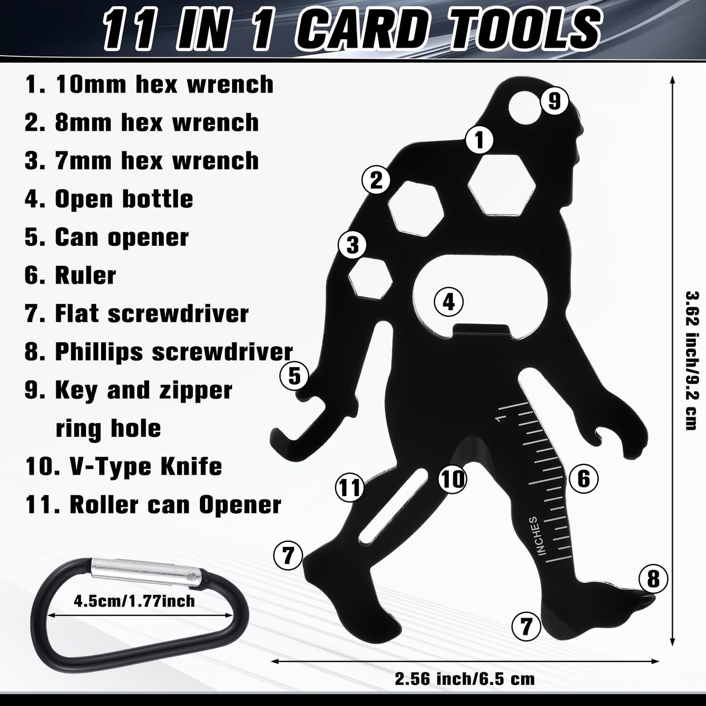 Cholemy 12 Pcs Credit Card Tool Novelty Stocking Stuffer Wallet Multitool Edc Gadget Friendship Bigfoot Sasquatch Elephant Gift Small Hand Carabiners Tool for Father Day Men Birthday(Ape-man,Black)