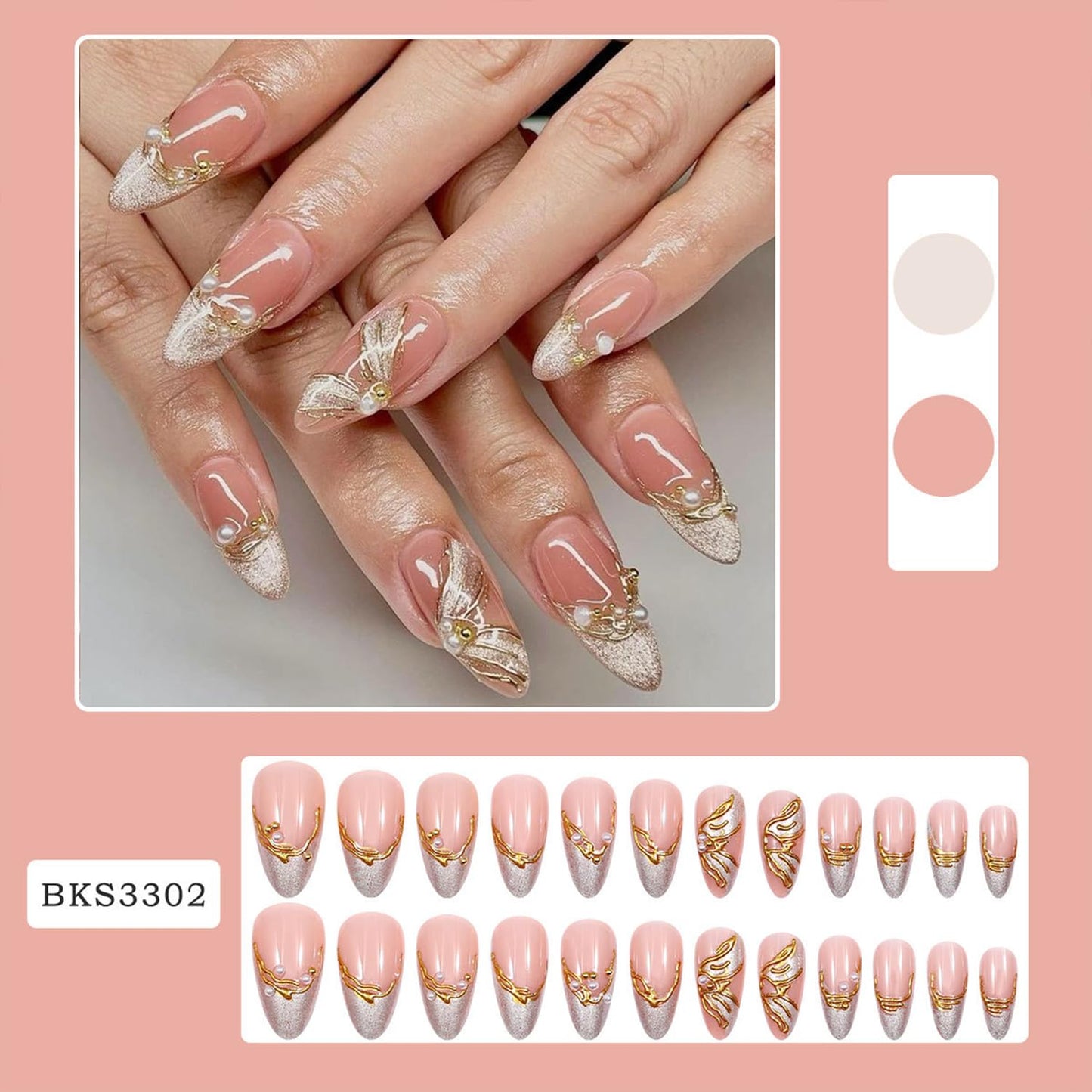Gold Irregular Pattern Press on Nails Glitter French Tip Fake Nails with Pearl Design Long Almond False Acrylic Nail Glossy Full Cover Artificial Glue on Nail for Women DIY Manicure