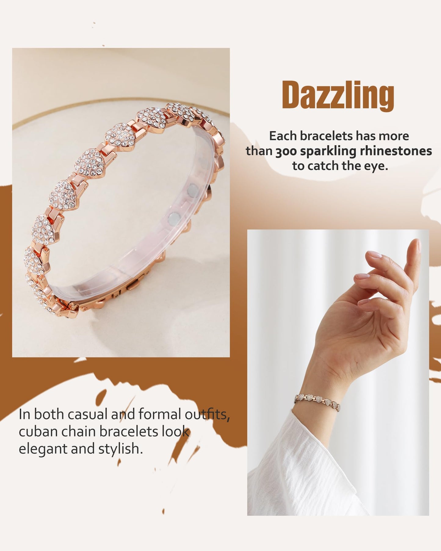 Jecanori Pure Copper Bracelets for Women,Effective Magnetic Bracelets with Sparkling Rhinestones, Adjustable Copper Jewelry Gift