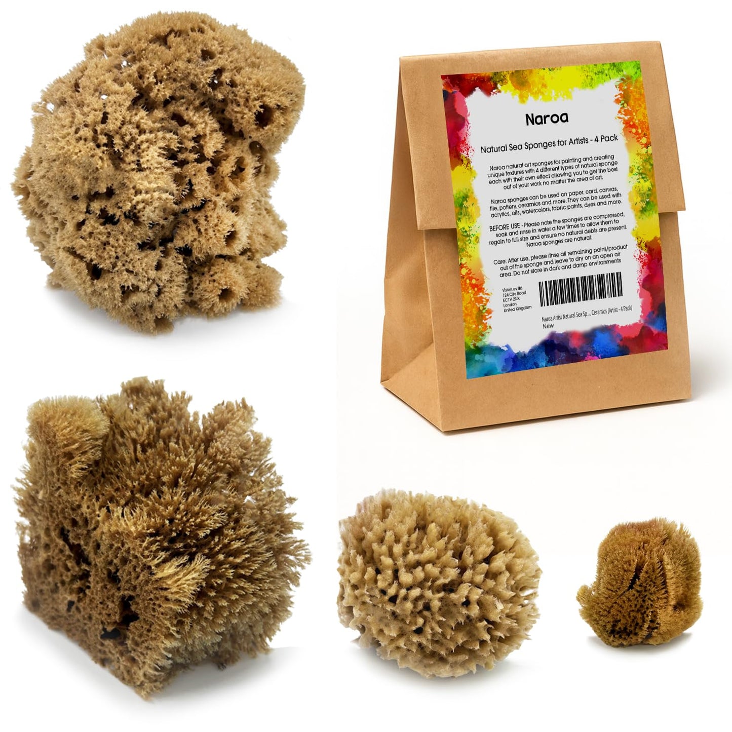 Naroa Artist Natural Sea Sponges for Painting 4 Pack | Unique Tool Set Unbleached | Great for Artists & Children | Acrylic, Watercolor, Marbling, Texturing, Pottery, Ceramics
