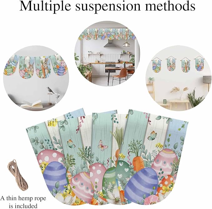 Easter Banner 4Pcs Indoor Outdoor Hanging Banner Flag Spring Rabbit Eucalyptus Leaves Eggs Wooden Sign for Fireplace Mantel Decorative Bunting Garland Valance for Shop Door Mantle Decor 7.9"x11.8"