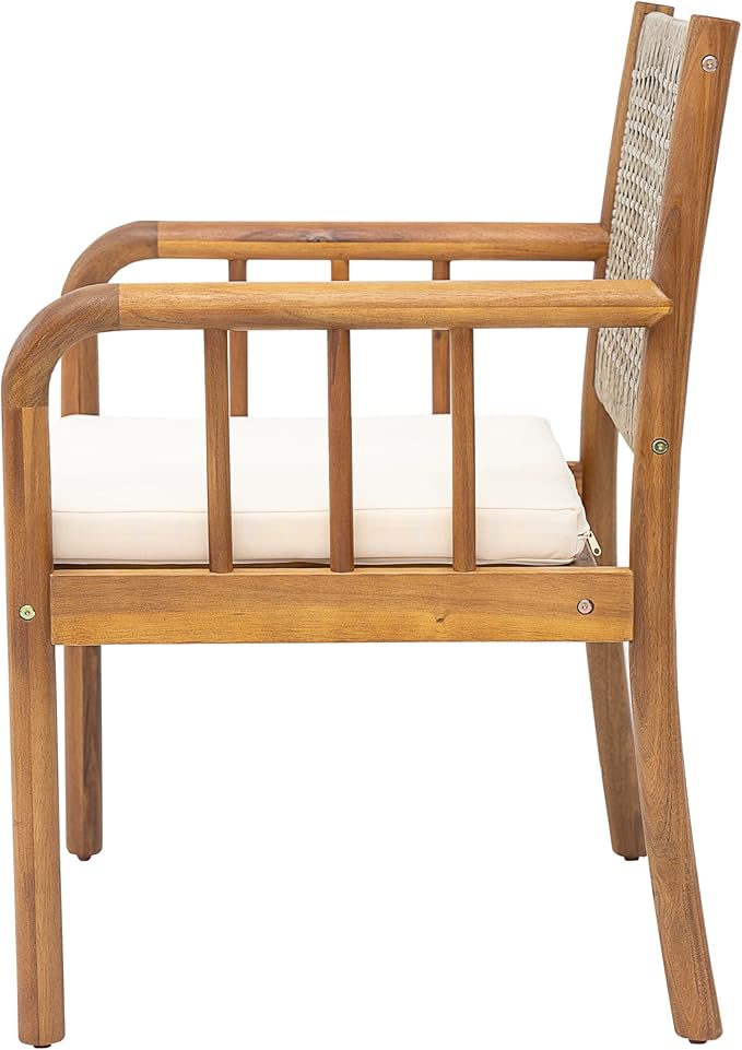 Christopher Knight Home Vera Outdoor Dining Chairs Set of 2, Acacia Wood Dining Chairs, Rattan Woven Back Armchair, Armchair with Cushion Seat, Patio Chair for Poolside Garden Balcony, Teak+Cream