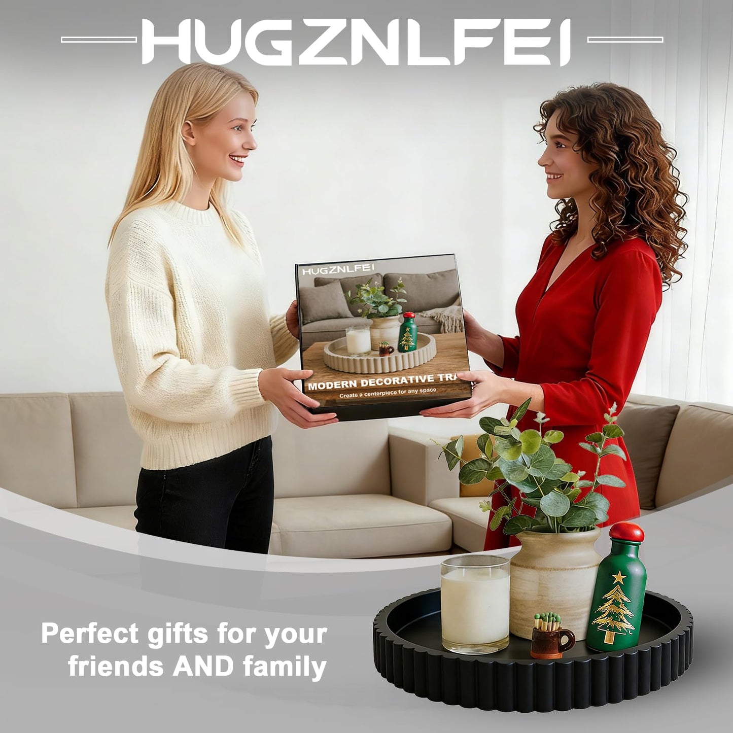 HUGZNLFEI Round Decorative Tray for Coffee Table Decor - Resin Modern Table Centerpieces Decorative Trays for Kitchen, Dining, Living Room, Home Decor Housewarming Gift - Black