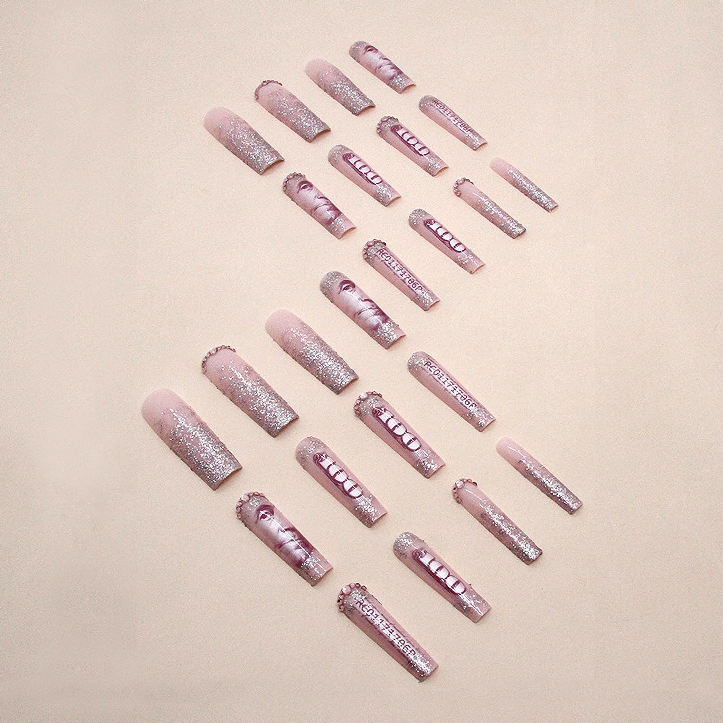 MISUD Press on Nails - Extra Long Square Fake Nails with Dollar Money, Acrylic Bling Glitter Rhinestone Design 24 pcs