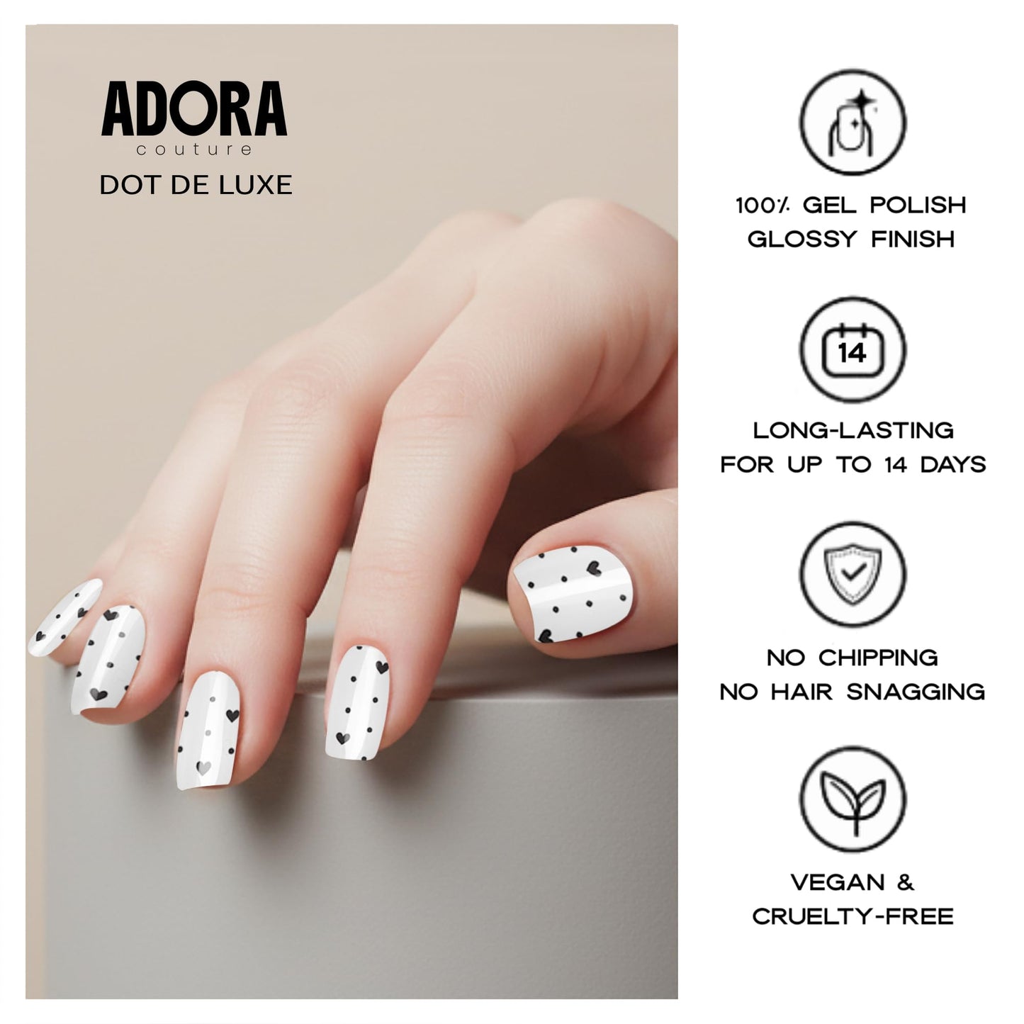 Adora Couture Semi Cured Gel Nail Strips with 30 Pieces - UV Gel Stickers, Manicure Kit, Easy Application Wraps Includes Prep Pads, Nail File, Wooden Stick - UV Light Required (Dot de Luxe)