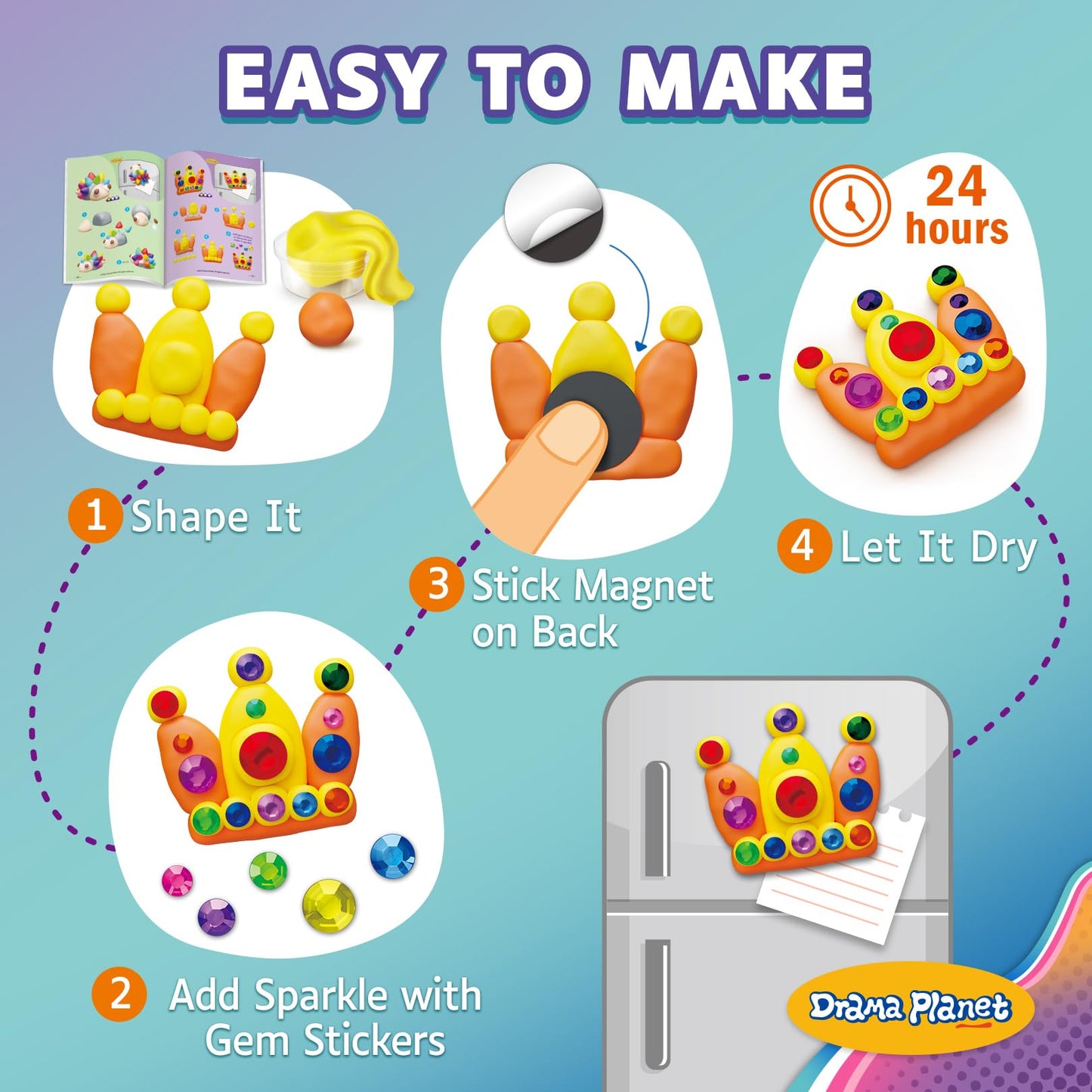 Drama Planet Make Your Own Clay Fridge Magnets Kit, Air-Dry Clay Crafts for Kids, Includes Instruction Book with 30 Designs, Makes 12 Fridge Magnets