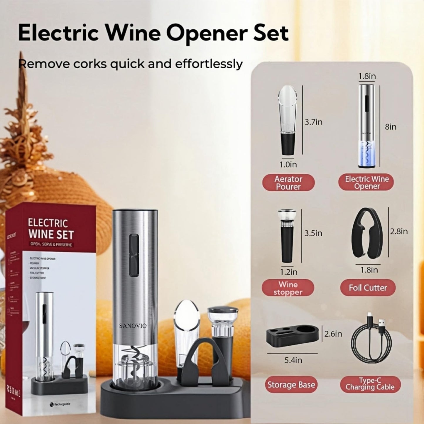 SANOVIO 6-in-1 Electric Wine Opener Set - Rechargeable Automatic Corkscrew with Vacuum Sealer, Wine Aerator, Foil Cutter & Charging Base,Valentine's Day Gifts, Wine Lovers (Stainless Steel)