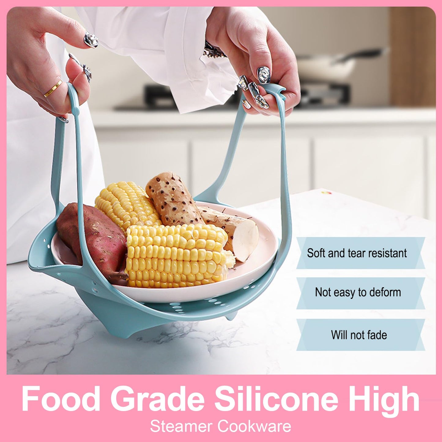 Vbvbip Collapsible Silicone Steamer Basket Small Size - Foldable Steam Basket for Vegetables, Dumplings & Eggs, Heat Resistant Microwave Safe Steamer, Kitchen Essential,Blue