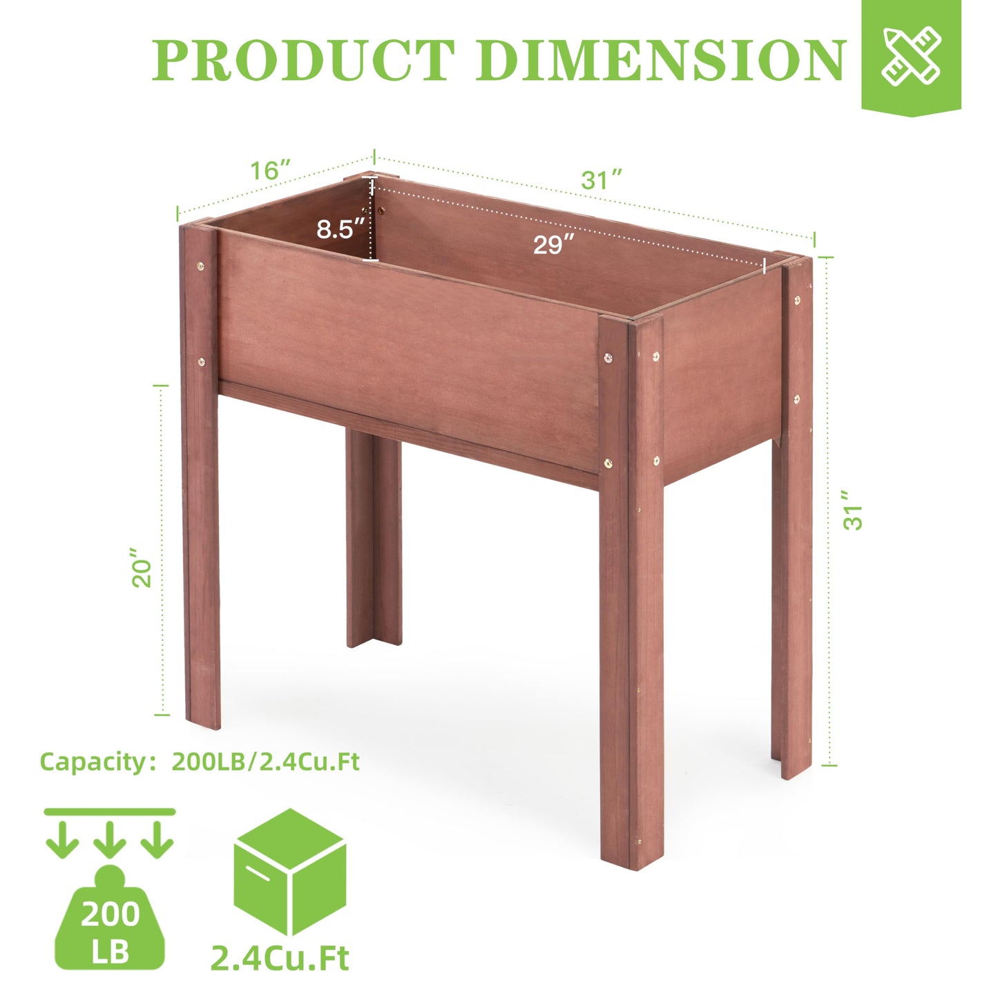 Raised Garden Bed with Legs, 31x16x31'', Outdoor Wood Elevated Planter Box, Thick Legs, w/Liner
