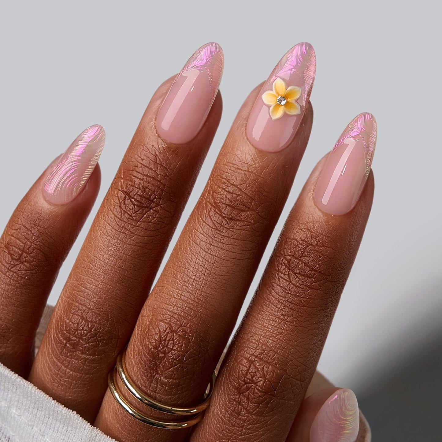 BTArtbox French Tip Press On Nails - Aloha Lei, Easy-to-Apply 3D Flower Medium Almond Press On Nails with Glue and Adhesive Tabs in 15 Sizes - 30 Nails All-in-One Kit