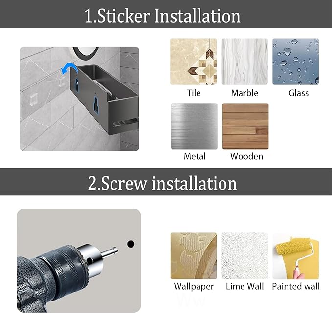 Bathroom Storage Rack (5-Piece Set), Wall-Mounted Shelf with soap Dish and Toothbrush Holder, no Drilling Required, Ideal for Bathroom Storage and Also Suitable for Kitchen (Grey)