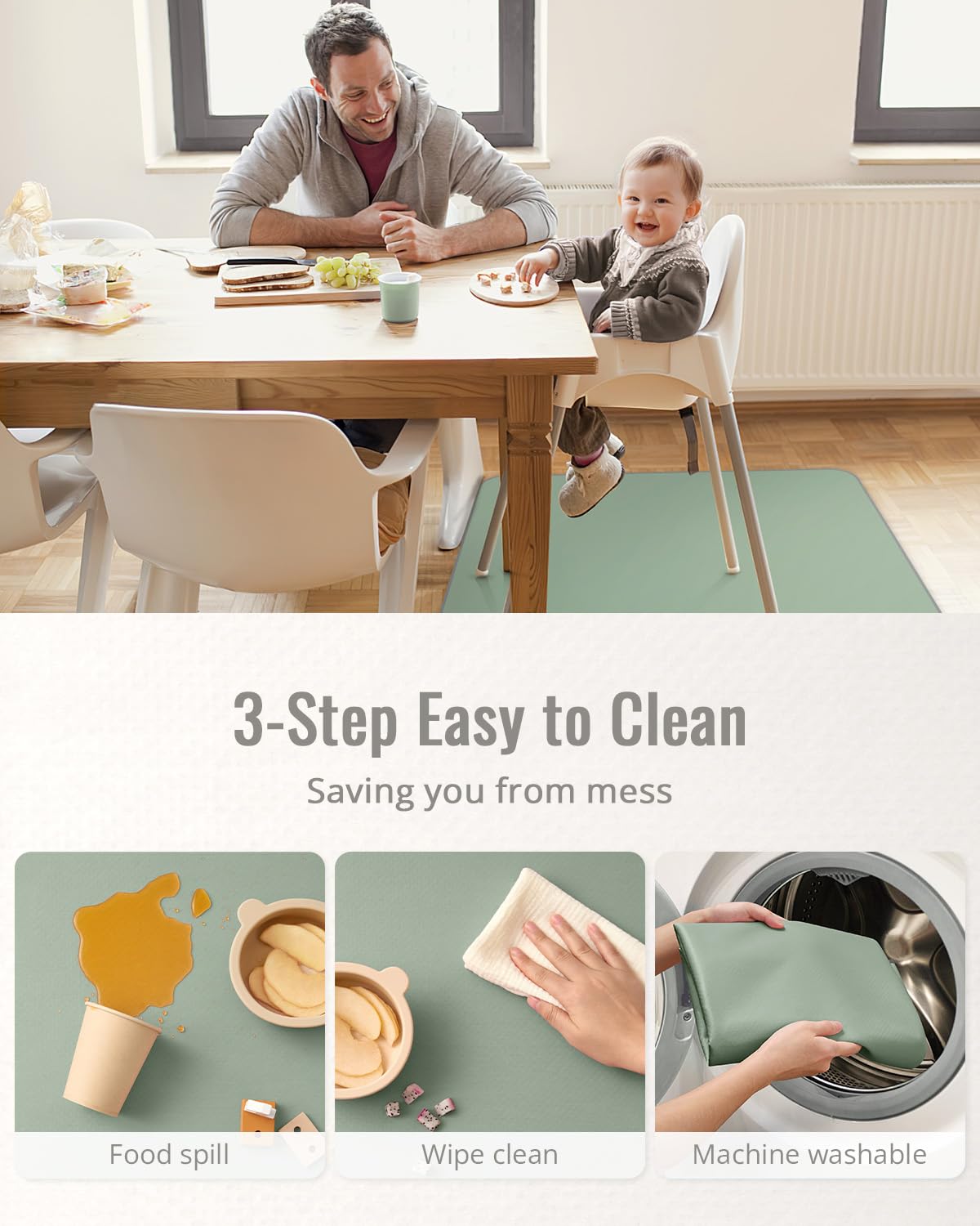 Blissful Diary Baby Splat Mat for Under High Chair, 50.4 x 50.4 Inch Wipeable Splash Mat, Waterproof and Washable, Anti-Slip Floor Protector, Sage Green