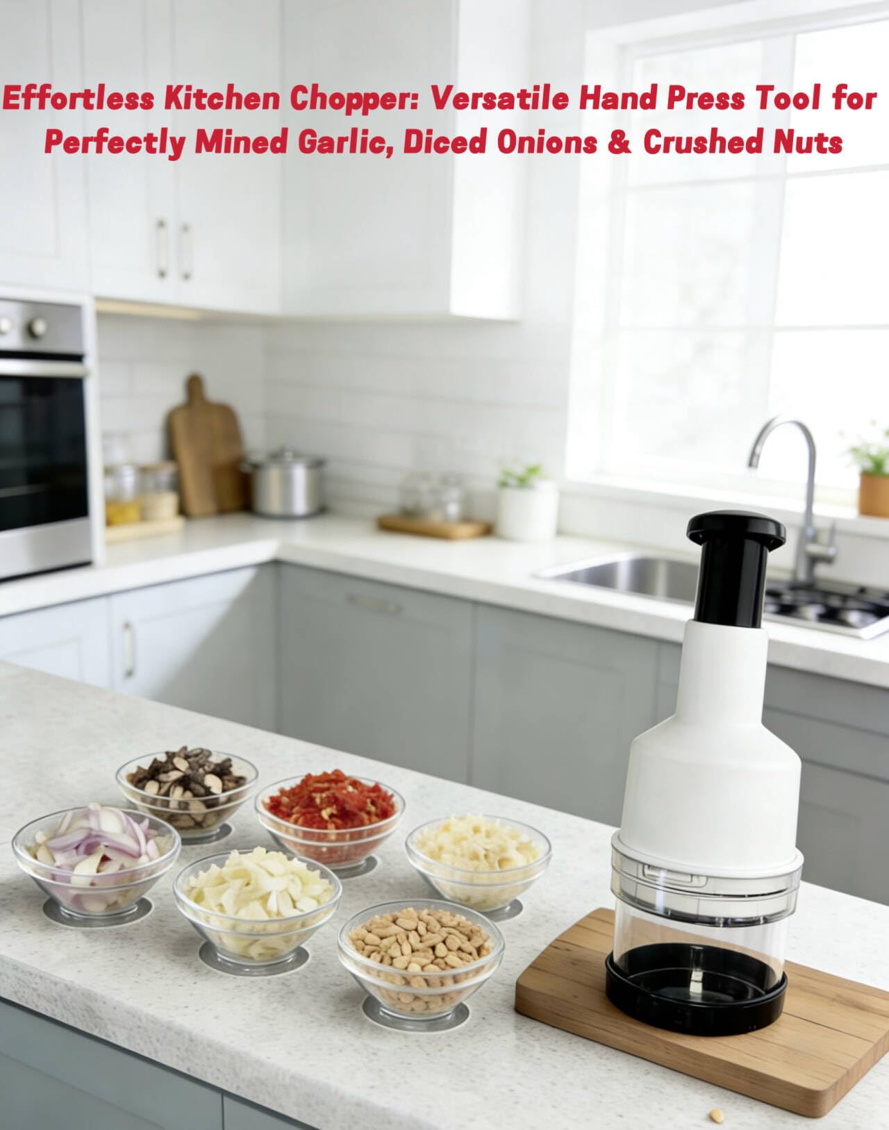 Manual Food Chopper with Stainless Steel Blade- Easy Press Vegetable chopper Gadget-Handheld Veggie Cutter Mincer For Onion Salad Garlic Nuts Mushroom Almond Ginger，Dishwasher Safe, BPA-Free
