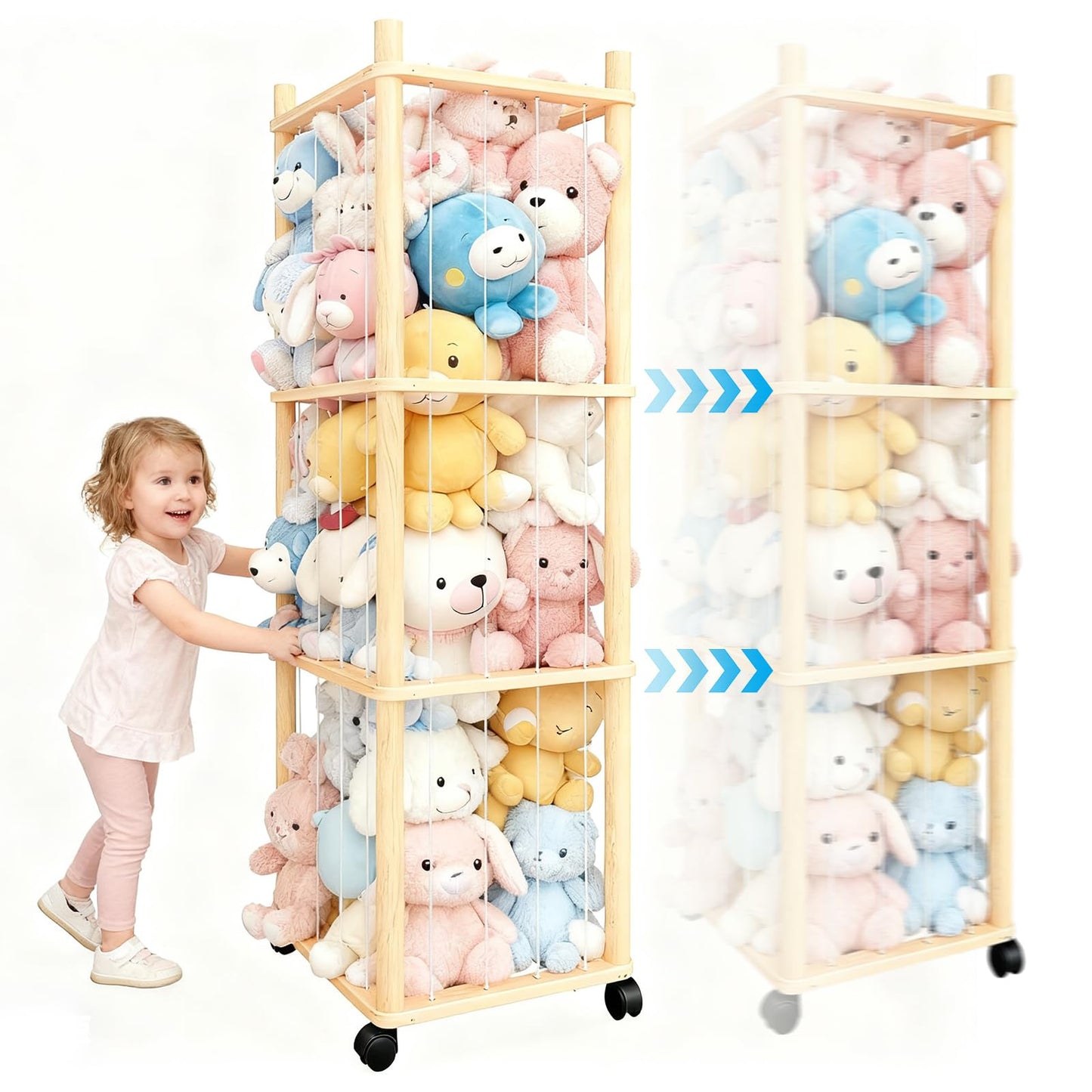 Vercxlyra Stuffed Animal Zoo Storage - Sturdy Solid Wood Toy Organizer with Lockable Wheels, Easy-Assemble/Clean, Large Capacity Plush Toy Cage, Space-Saving for Toddler/Playrooms/Bedrooms