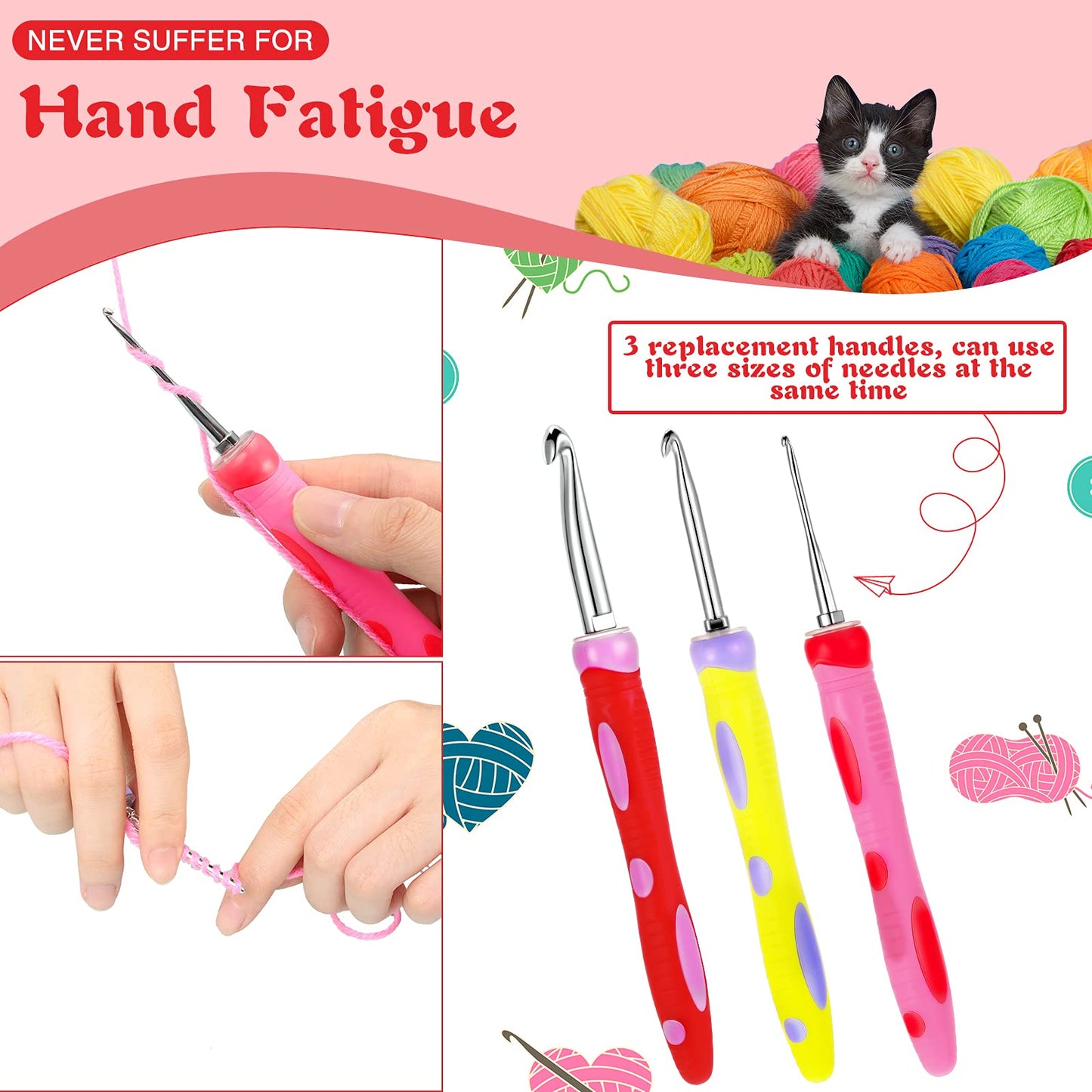 12 Sizes 2.0 mm to 8 mm Crochet Hooks Set, 3 Pcs Soft Grip Ergonomic Interchangeable Handle Crochet Hooks Beginner Knitting Kit Gift for DIY Crafts Knitting Tools