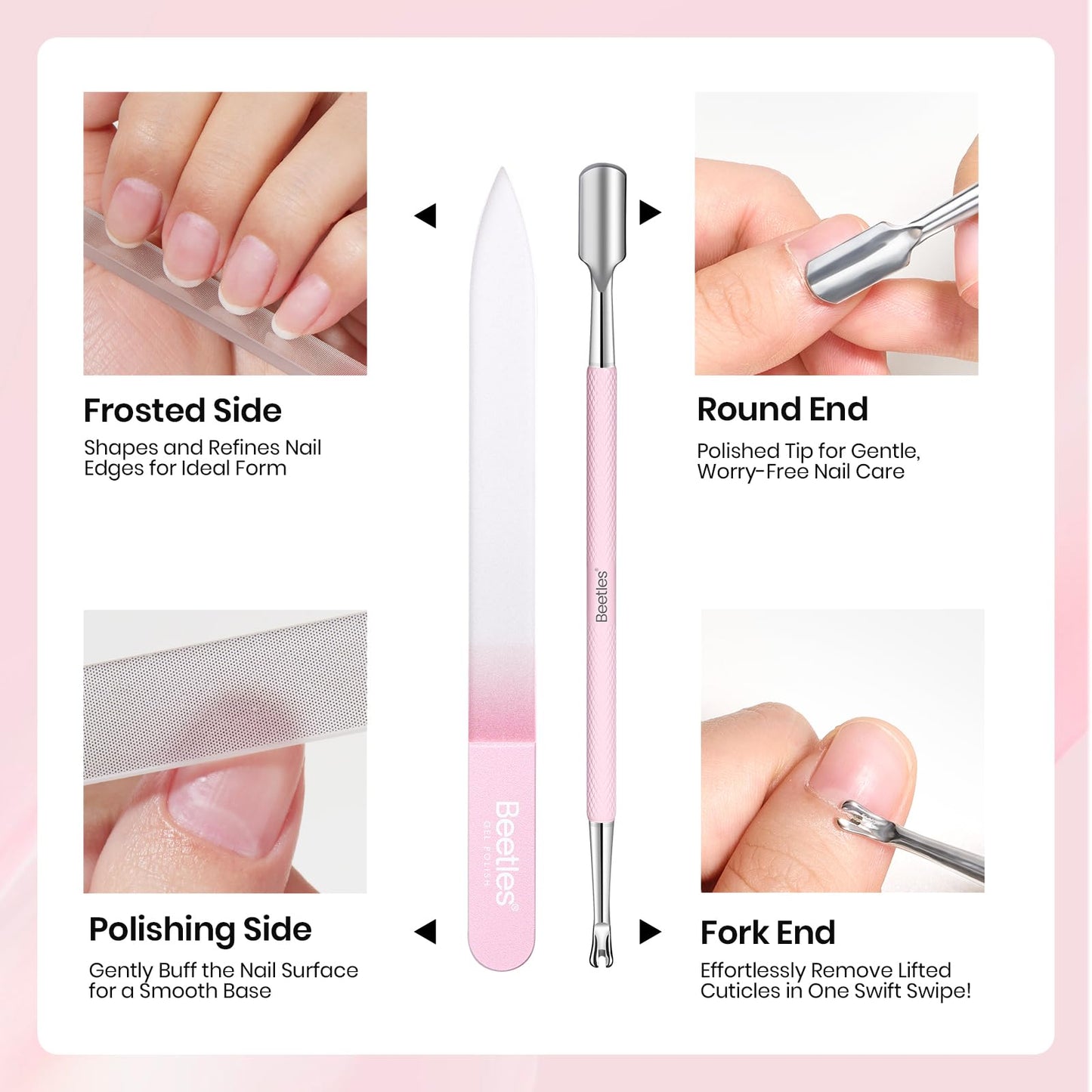 Beetles Cuticle Oil Cuticle Remover Nail Kit with Glass Nail Files Double Side Nails Prep Kit Cuticles Pusher Dual End Cuticles Remover Set Nails Clippers Dust Brush Manicure Set with Storage Pouch