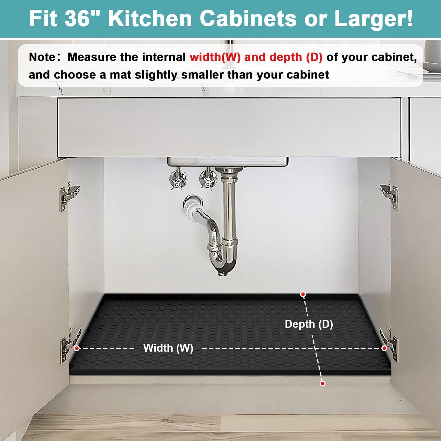 Under Sink Mats for Kitchen Waterproof, 34" x 22" Silicone Under Kitchen Sink Mats and Protectors for Cabinets, Under Sink Tray Organizer, Shelf Liners Cabinet Liner for Kitchen and Bathroom, Black
