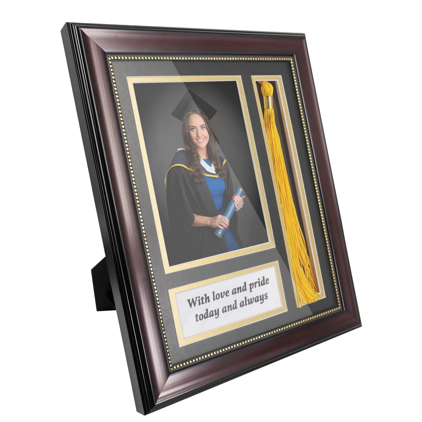 GraduationMall Graduation Photo Shadow Box Frame with Tassel Holder for 5x7 Pictures,Real Glass,Black over Gold Double Mat,Wall & Tabletop Design