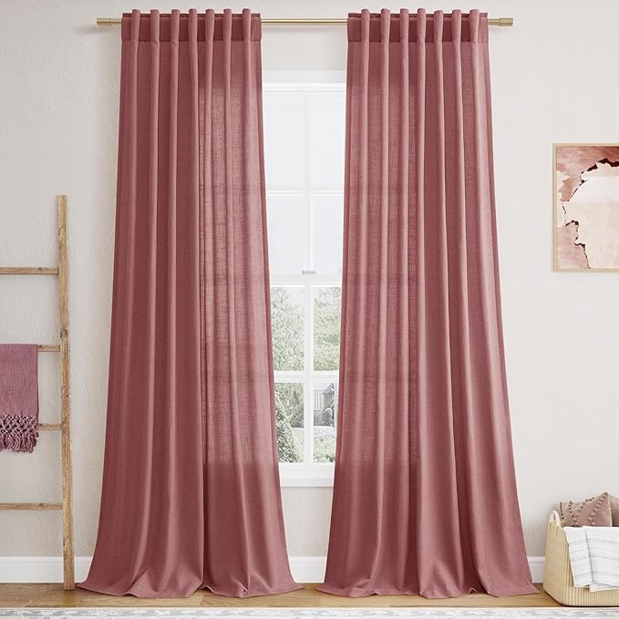 Canyon Rose Linen 112 Inch Curtains for Living Room Light Filtering Semi Sheer Curtain Back Tab Modern Farmhouse Decor Elegant Girl Drapes Floor to Ceiling High Window for Bedroom 52x112, 2 Panels