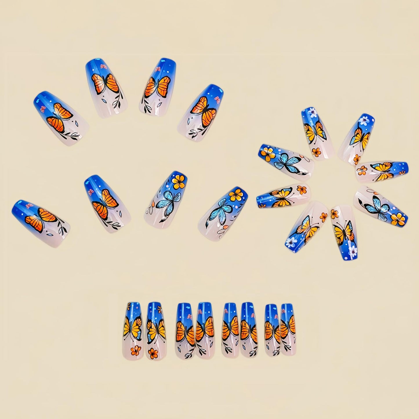 MISUD Press on Nails - Long Coffin Fake Nails with Blue Ombre, Acrylic Summer Flower Butterfly Design 24 pcs