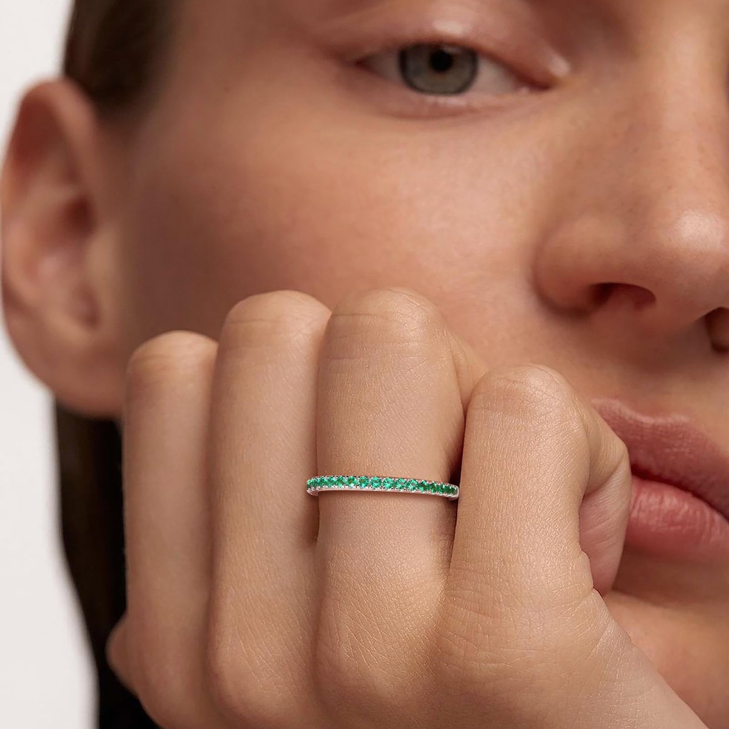 AGRULE Emerald Eternity Band Silver Wedding Rings Men Women Sterling Silver Created May Birthstone Rings 0.3 Carat Green Stone Stackable Cocktail Ring Size 7