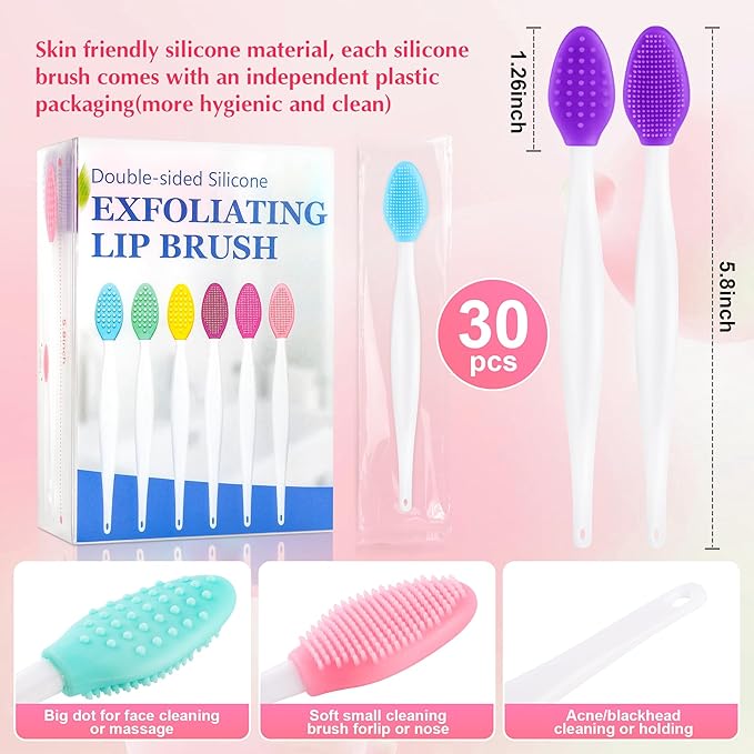 MINGOMINGO 30 Pack Lip Scrub Brush, 3-in-1 Double Sided Silicone Exfoliating Lip Brush for Dark Lips & Nose Care, 6 Colors Exfoliator & Massage & Blackhead Remover, Boxed & Individually Sealed