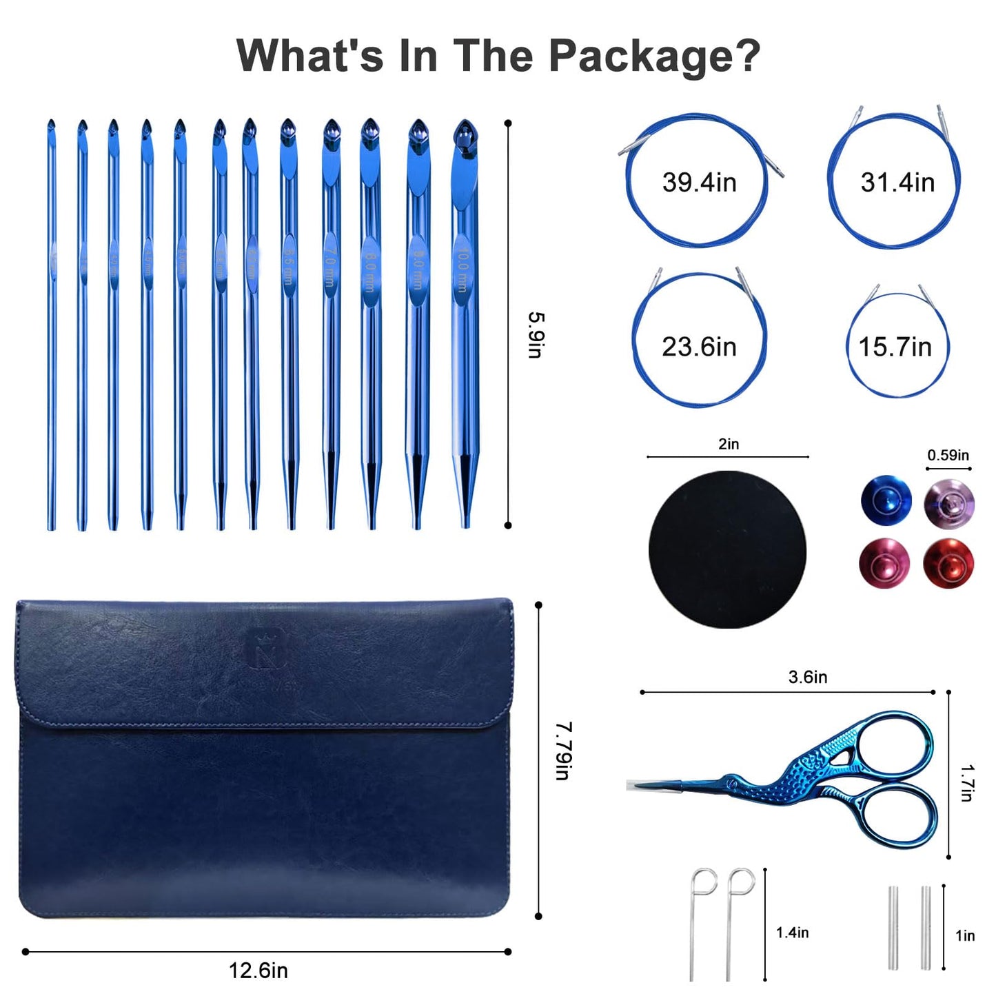 Tunisian Crochet Hooks Set Interchangeable with Case - 26pcs Metal Afghan Knitting Needles Kit 3mm-10mm with Long Cable & Ergonomic Grips, Blue
