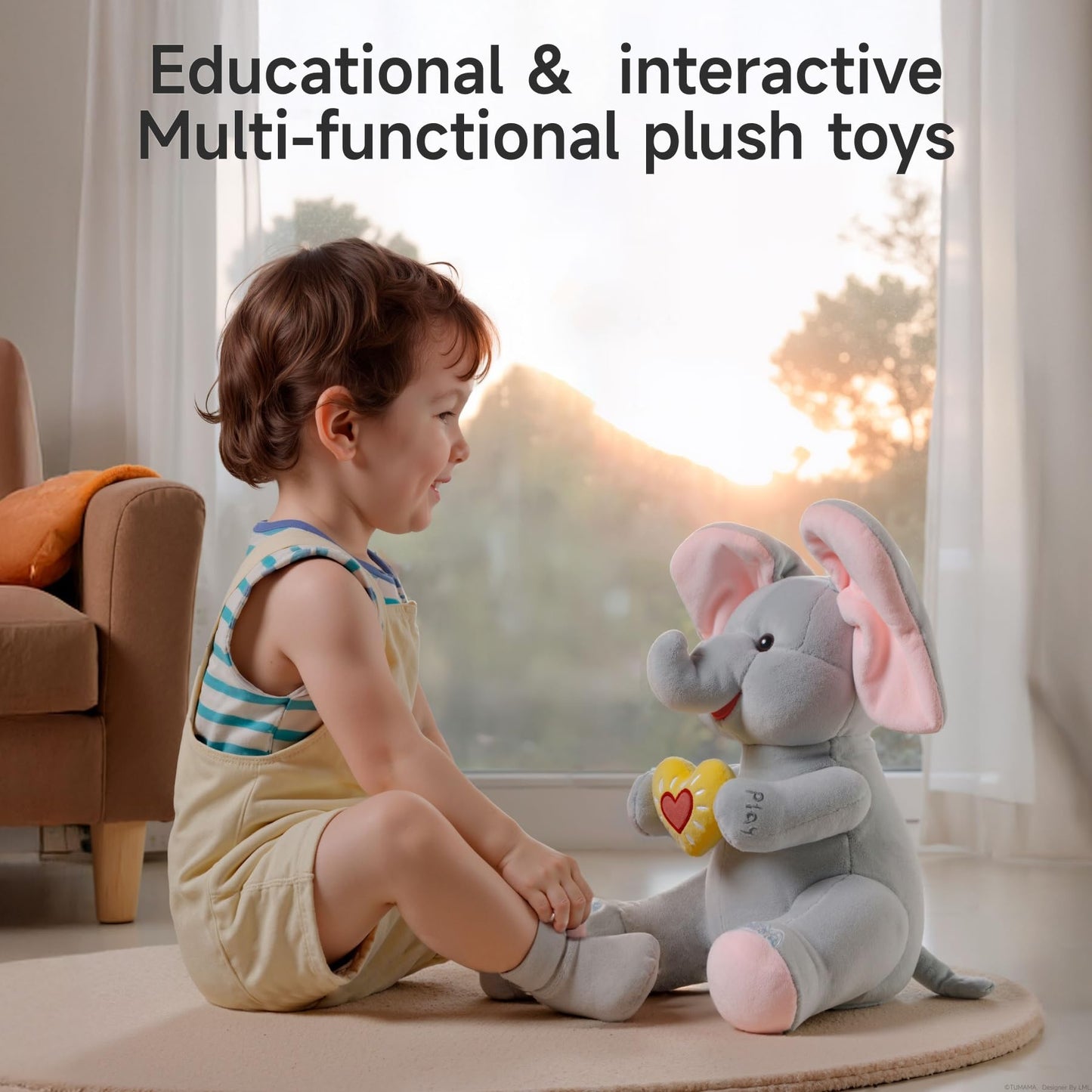 eJog Pup Peek a Boo Elephant Toy, Interactive Singing Plush Elephant Toy with Flapping Ears and Hearts, Musical Stuffed Animal for Babies and Toddlers