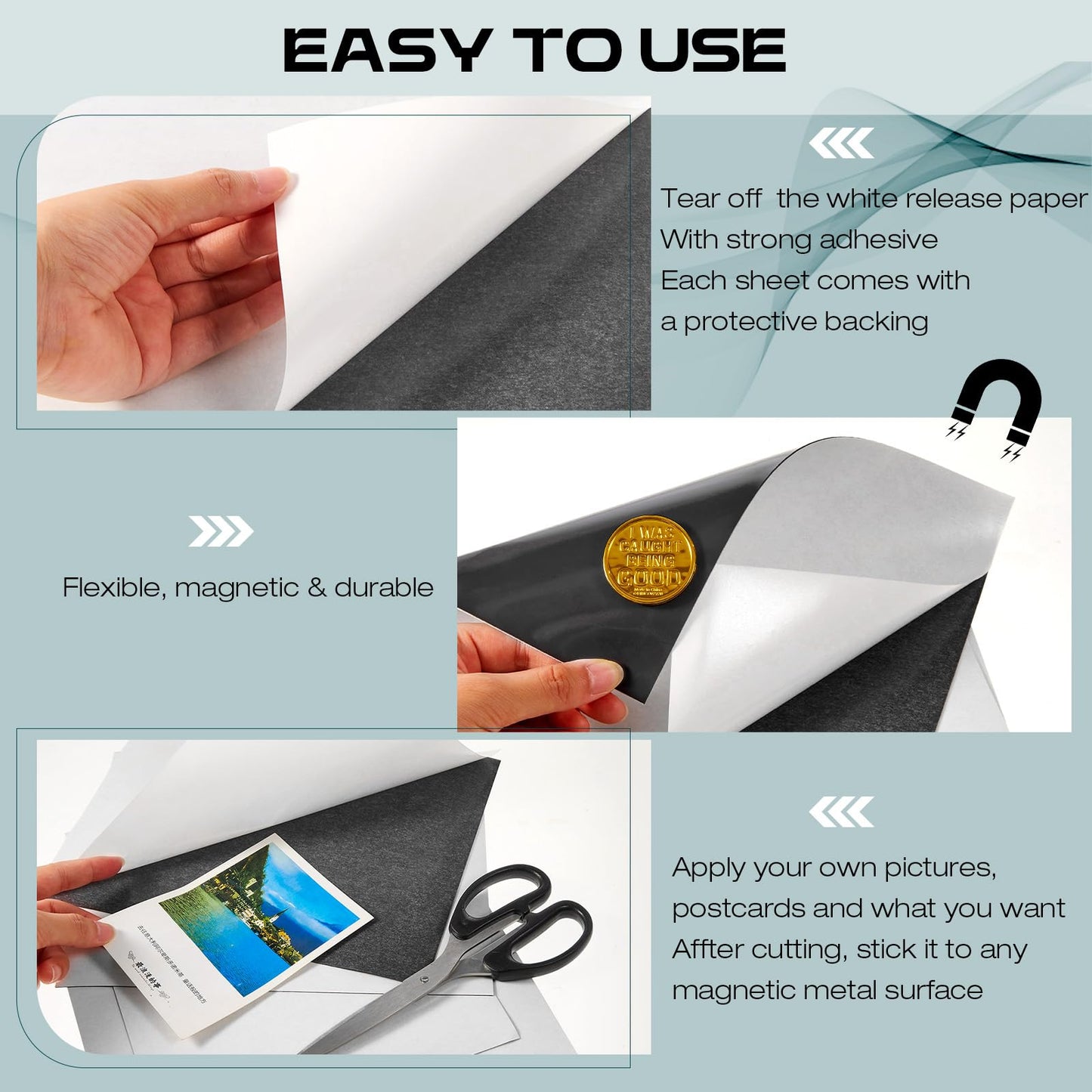 Xuhal 100 Pcs Magnetic Adhesive Sheets 4 x 6 Inch Flexible Magnetic Sheets with Adhesive Backing Self Paper Easy to Cut for Craft Photo Home Fridge Office Black