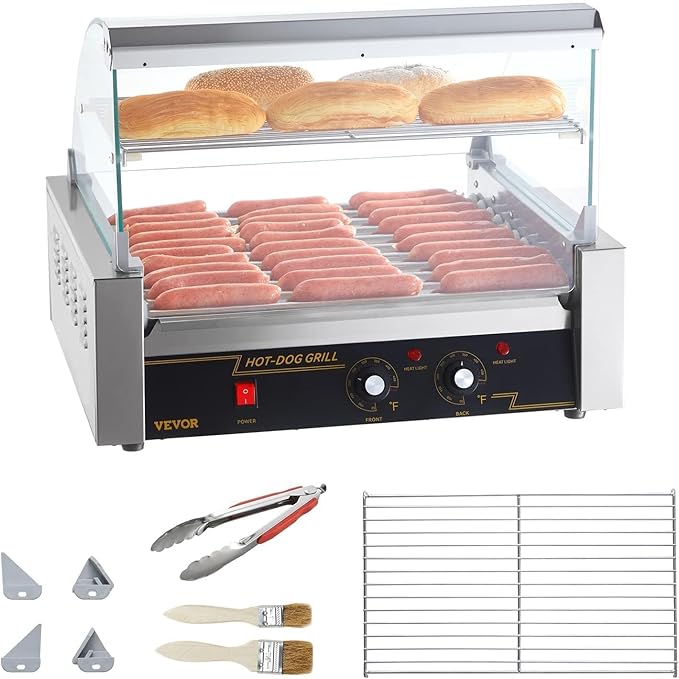 VEVOR Hot Dog Roller, 11 Rollers 30 Hot Dogs Capacity, 1650W Stainless Sausage Grill Cooker Machine with Dual Temp Control Glass Hood Acrylic Cover Bun Warmer Shelf Removable Drip Tray, ETL Certified