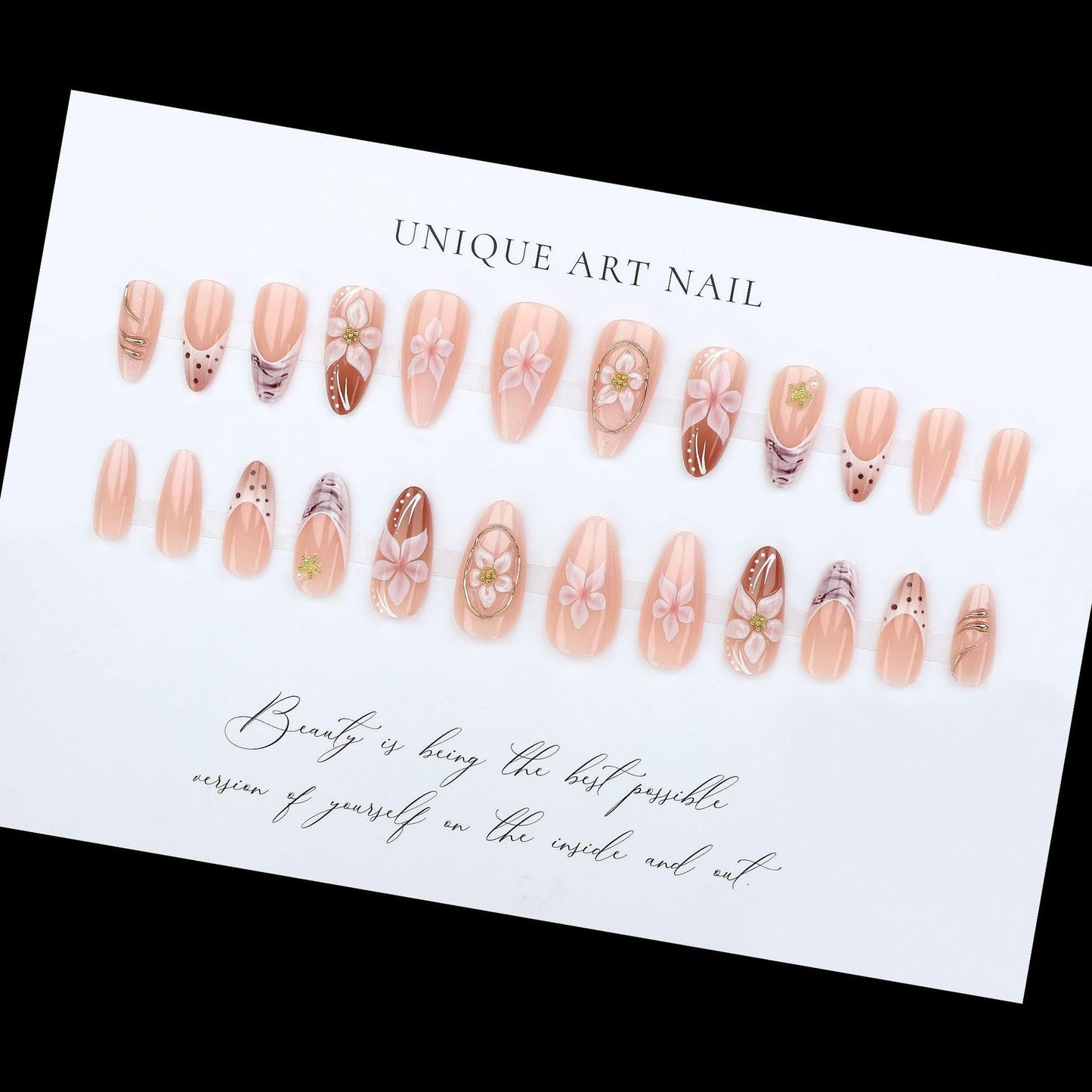 plalely Long Press on Nails Almond, Acrylic Press on Nails with Flower Designs, Long Almond Nail Tips for Women 24pcs