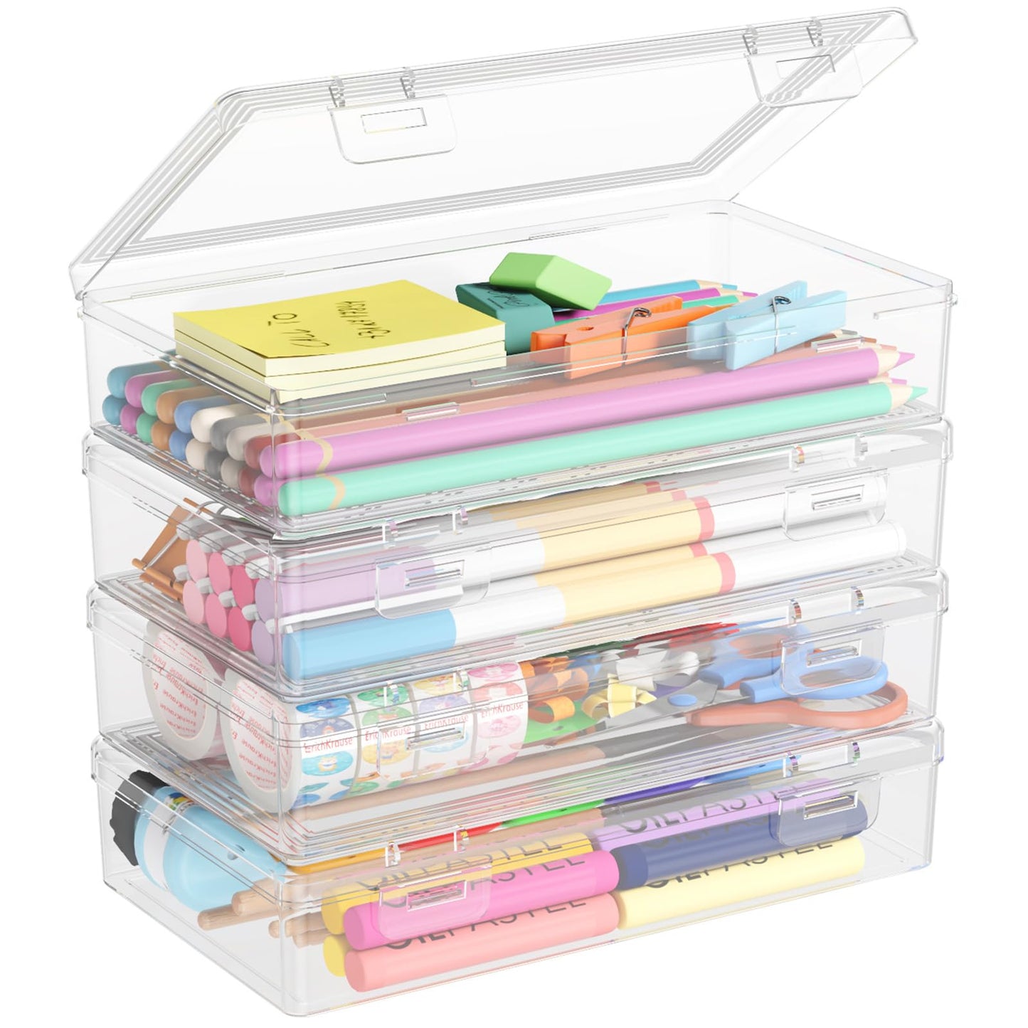 Lifewit Plastic Pencil Box with Snap-tight Lid, Large Capacity Hard Pencil Case, Craft organizer for Art Supply,Office, 4 Pack