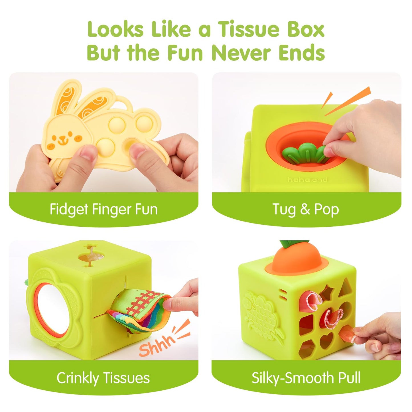 hahaland Montessori Baby Toys Bundle for 6–18 Months – Silicone Activity Tissue Box Cube & Plush Garden Stacking Toy, Fine Motor, Sensory & Early Learning Gifts for Boys & Girls