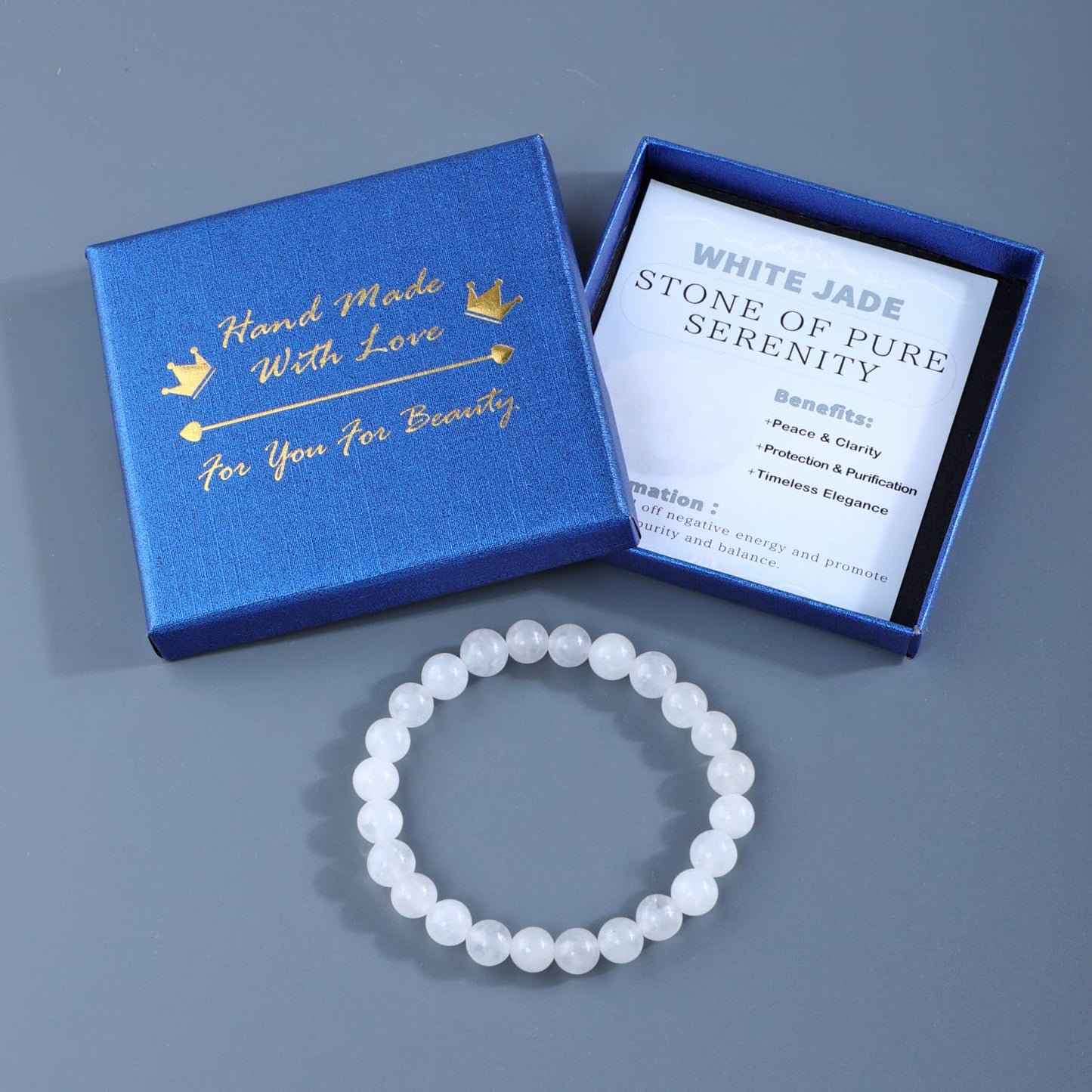 Bymitel 8mm White Jade - Handmade Reiki Gemstone Stretch Bracelet, Natural Beauty & Spiritual Essence, Crystal Healing for Unisex Adults
