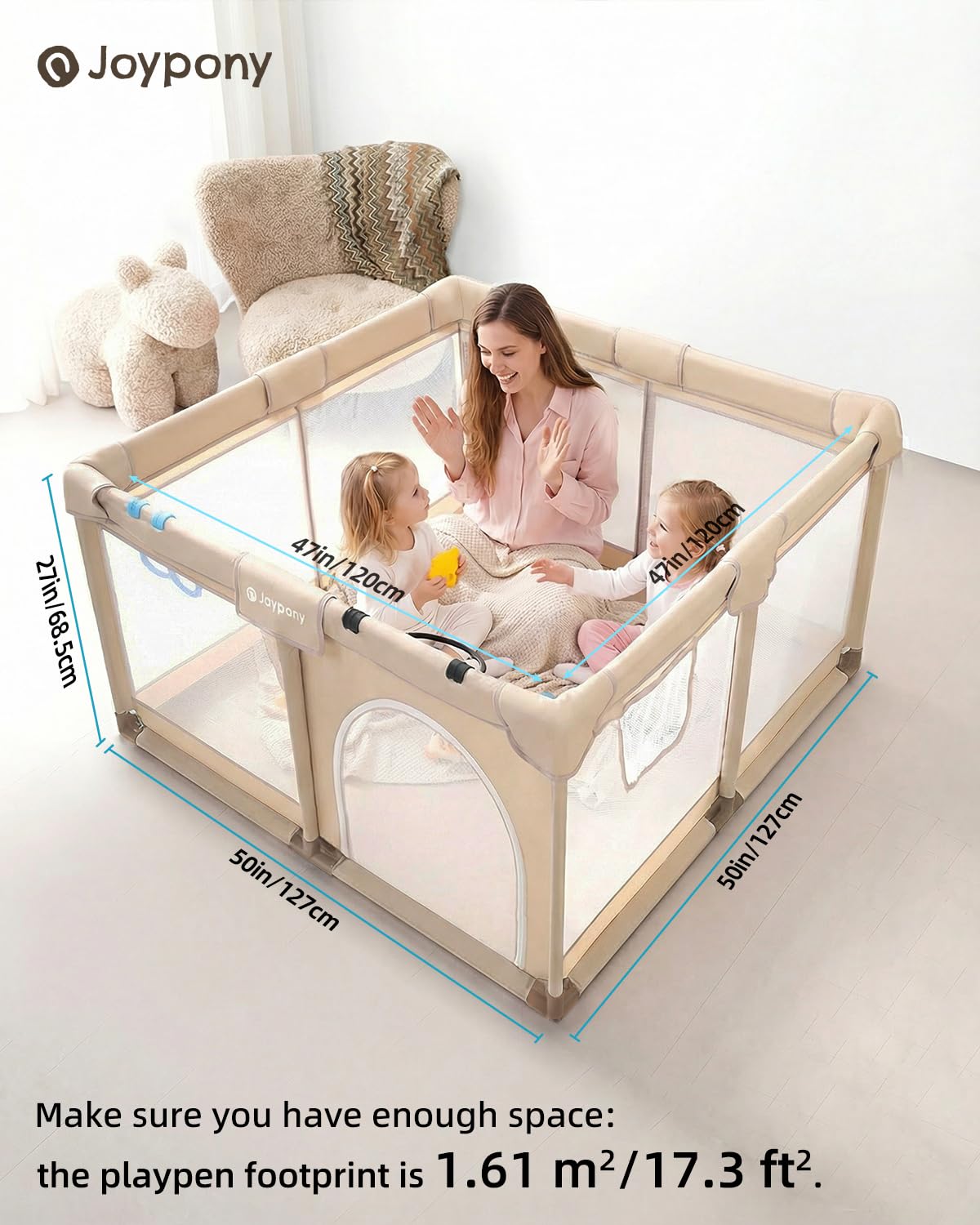 Joypony Baby Playpen, 50x50 in Small Play Pen for Babies and Toddlers, Playpen for Kids with Gate, Indoors Play Yard with Soft Breathable Mesh (Beige)