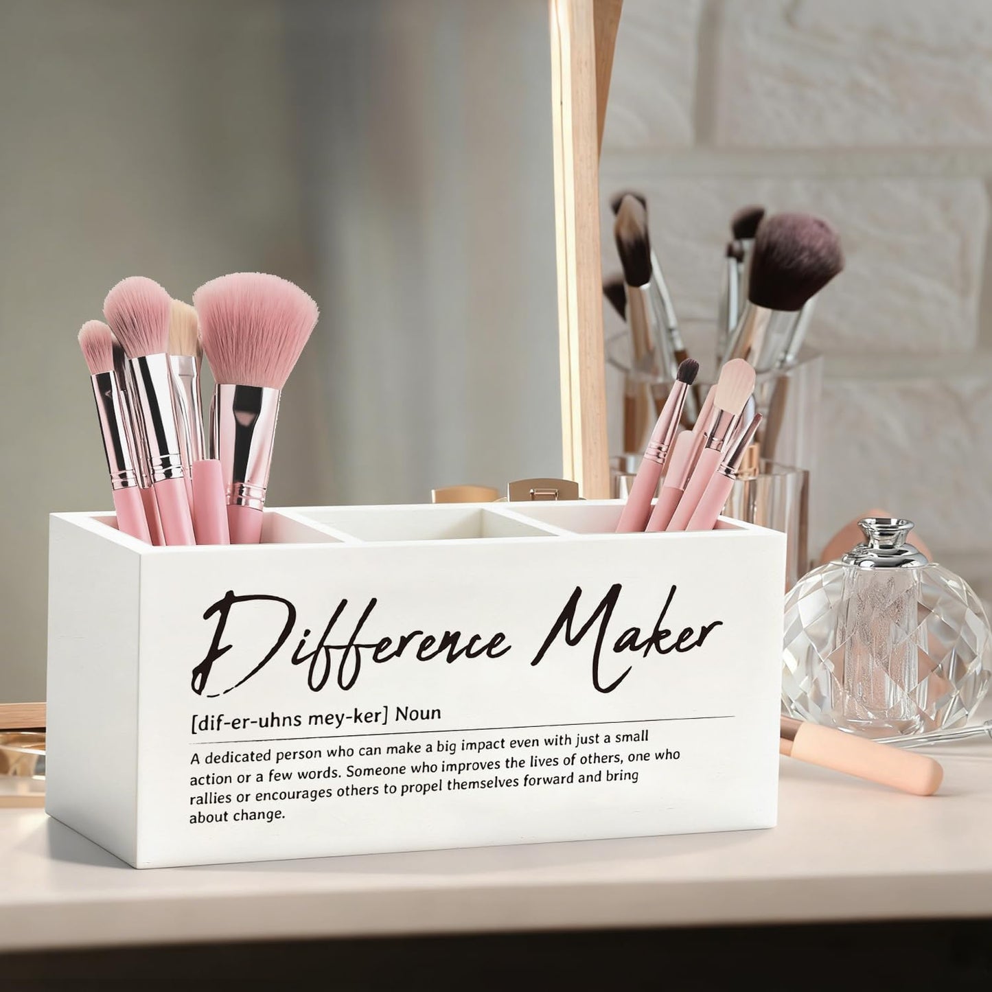 ELMCH Difference Maker Gift Pen Pencil Holder, Appreciation Gifts for Coworkers Leaders Teachers Wood Desk Organizer and Accessories, Difference Maker Makeup Brush Holder Organizer for Bathroom Vanity